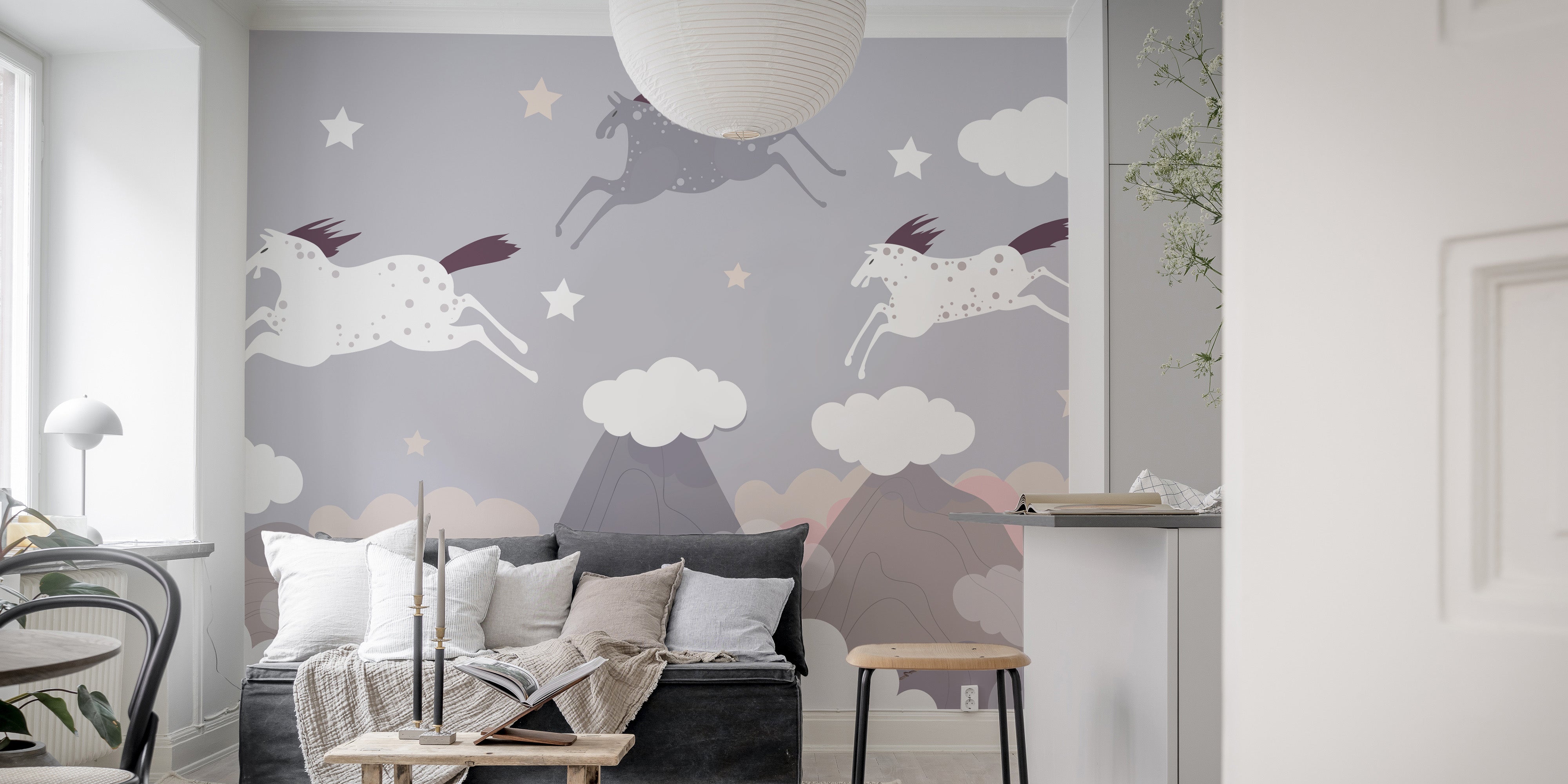 Horse mural featuring a heavenly scene with a running herd.
