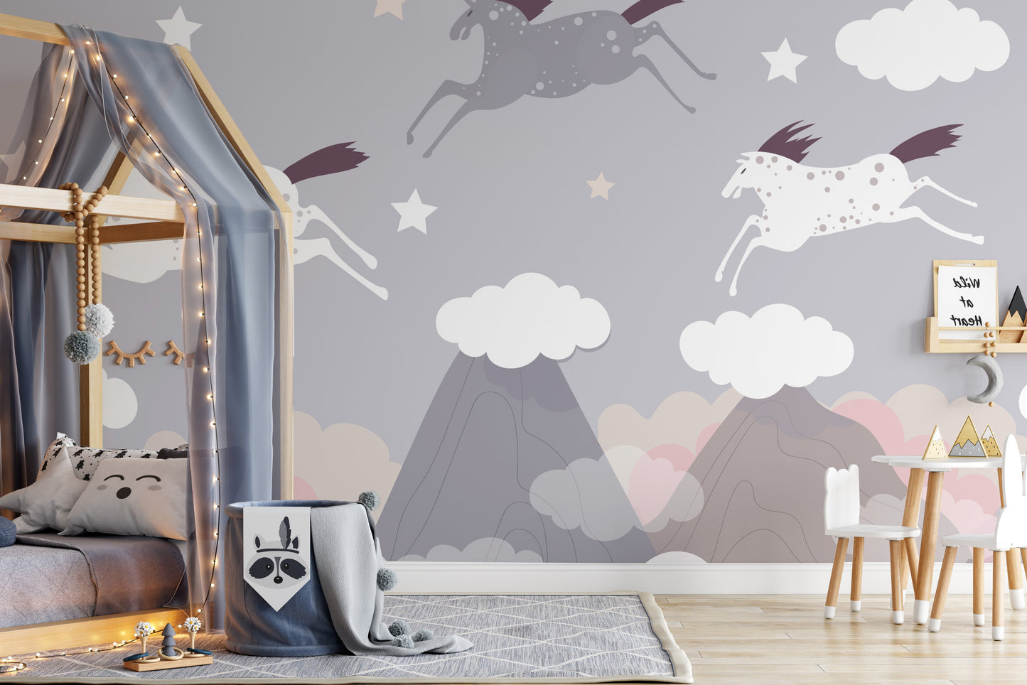 Graceful horse herd mural with a touch of celestial beauty.
