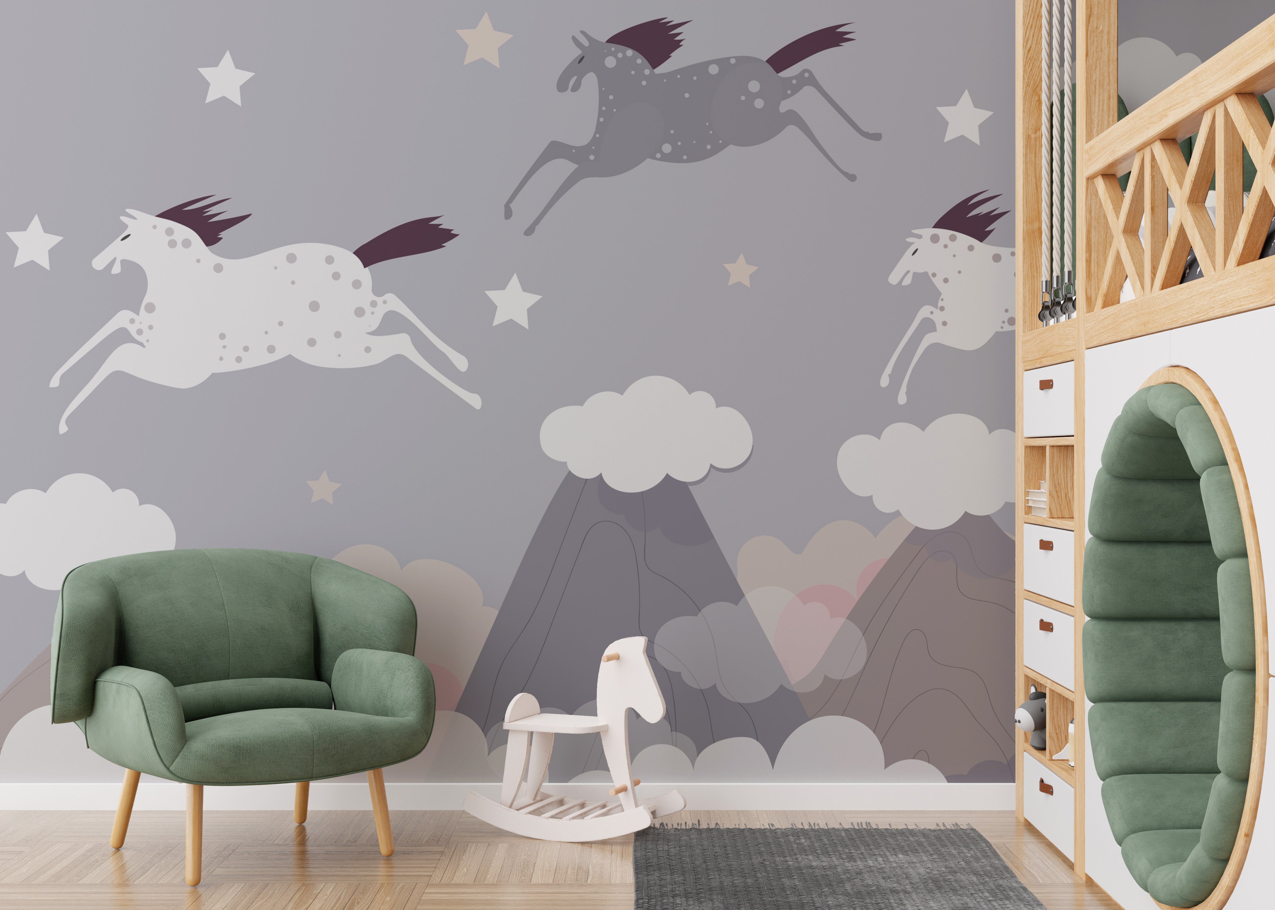 Dynamic horse herd wallpaper for elegant and timeless interiors.
