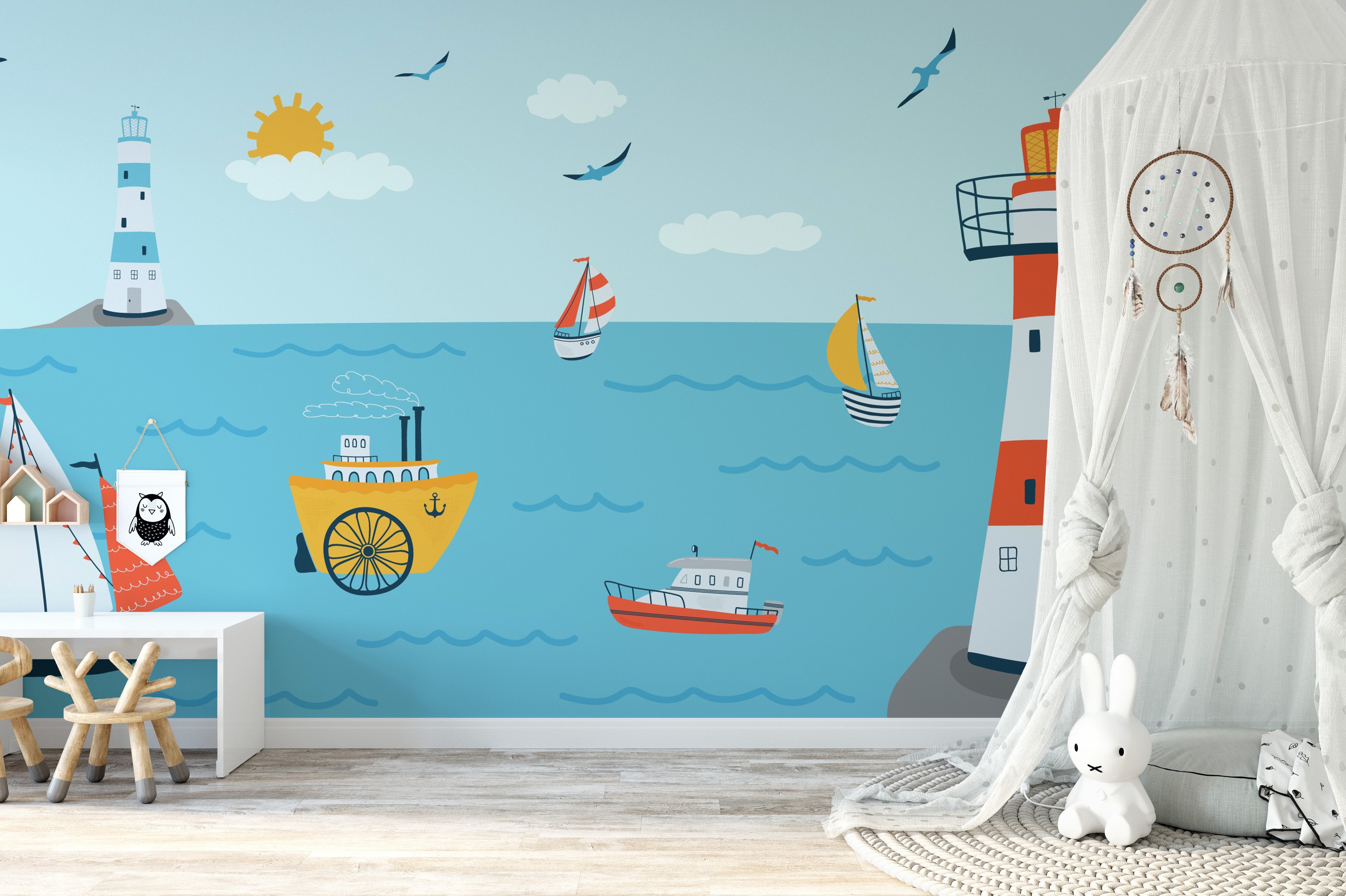 Serene coastline mural for a dreamy kids' room decor.
