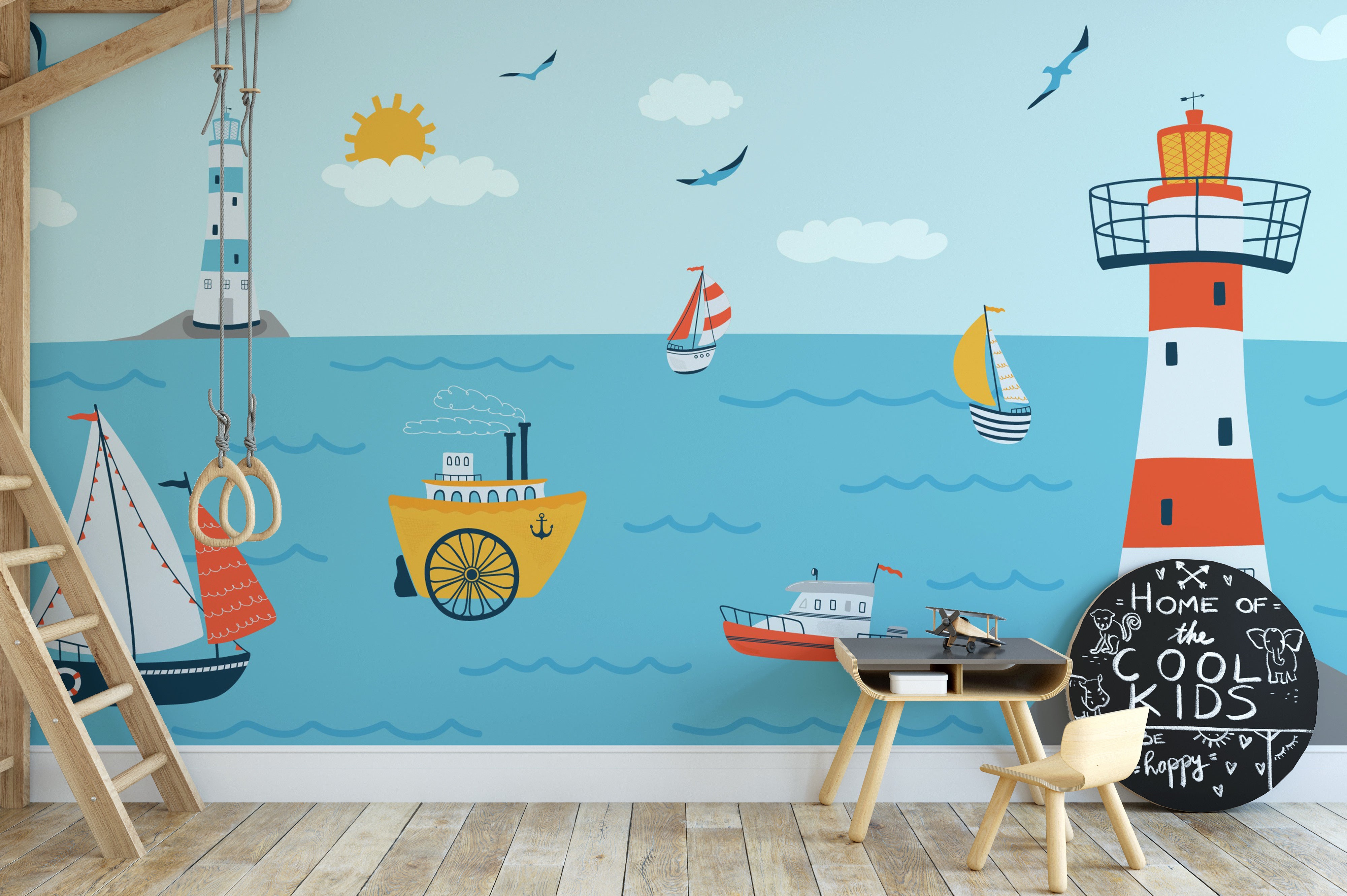 Coastal wonder mural inspiring creativity in kids' spaces.



