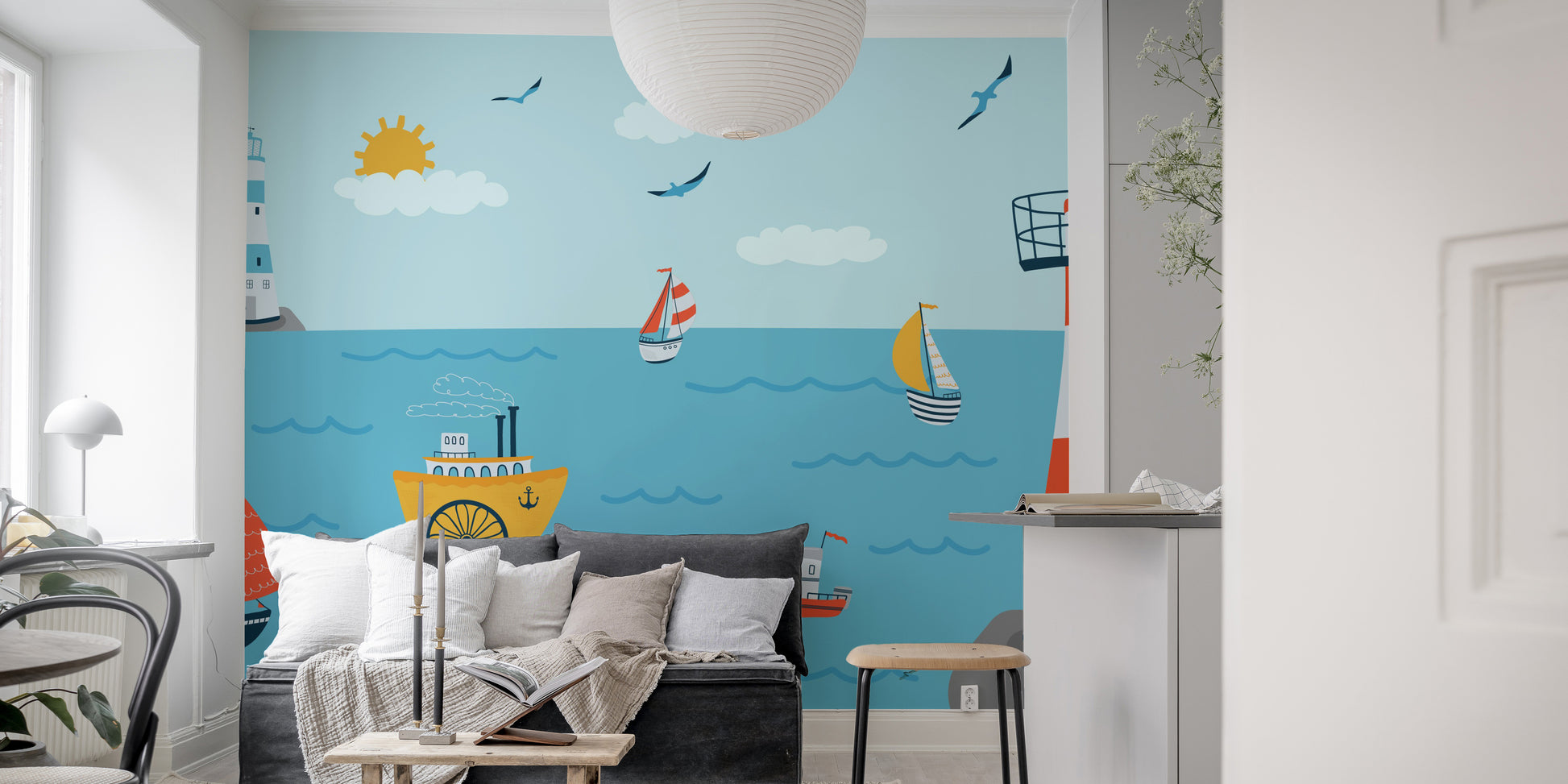 Charming coastline mural adding seaside vibes to kids' walls.
