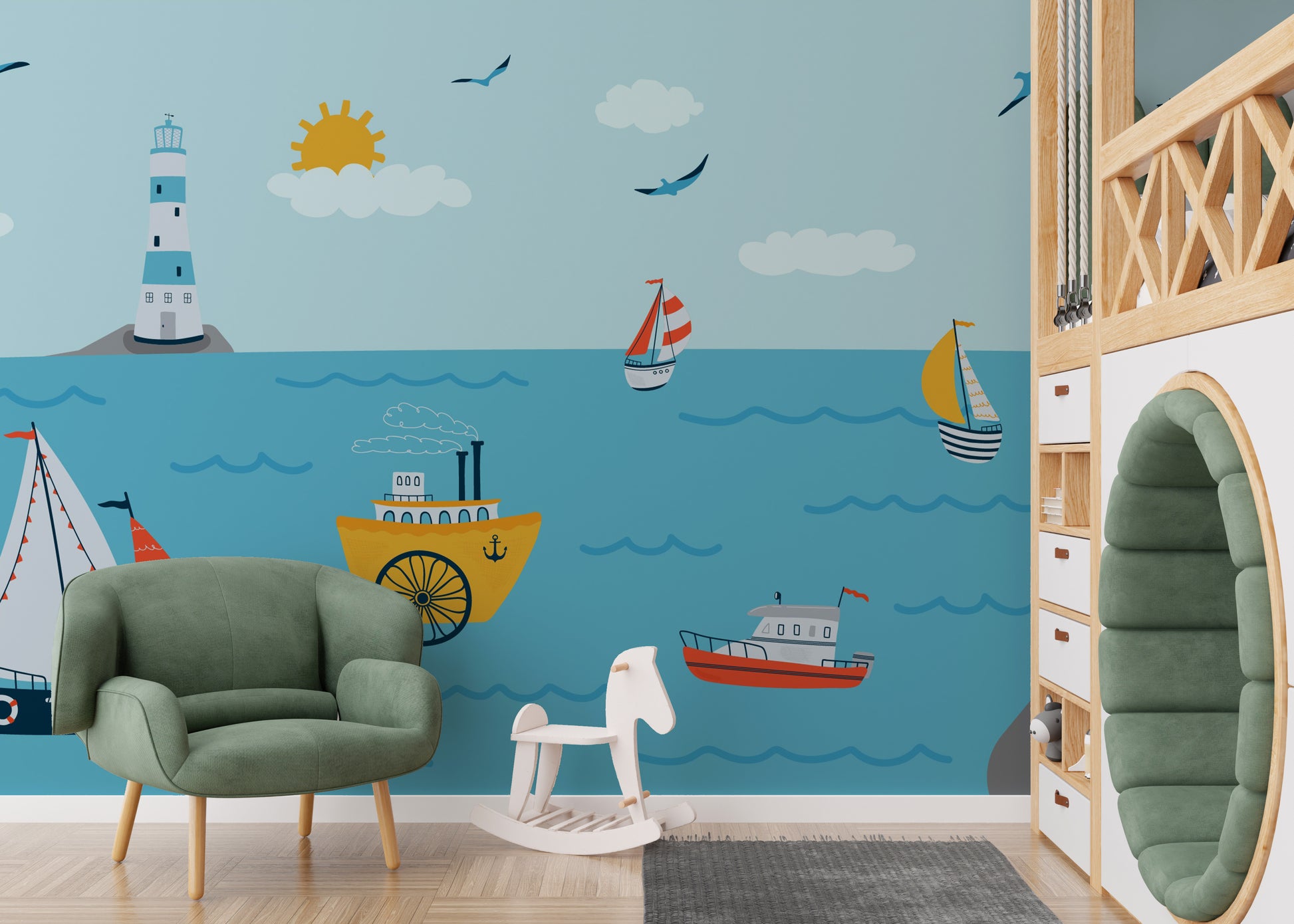 Playful coastal wall mural perfect for kids' room transformation.
