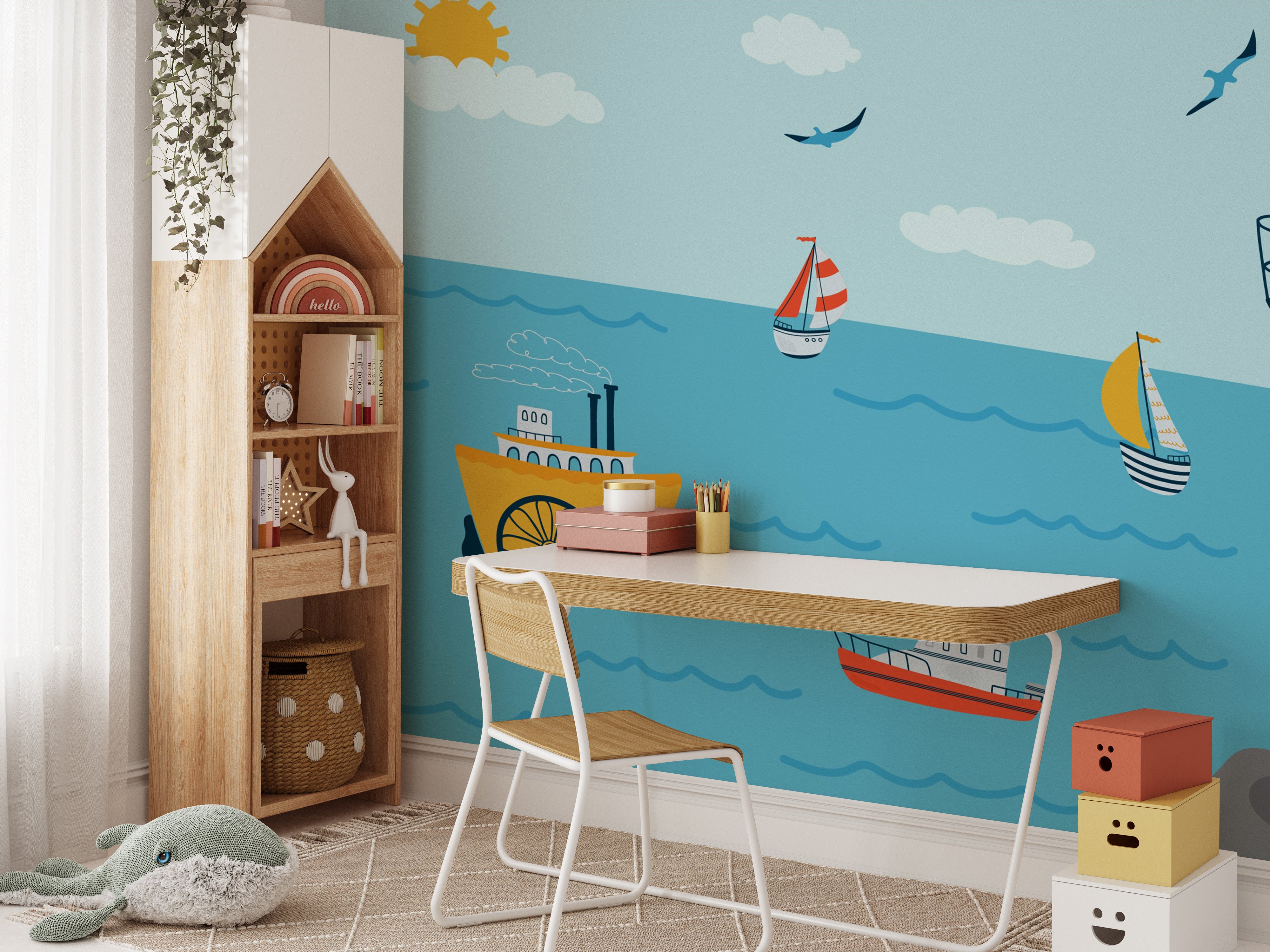 Coastline wonder mural with soft waves and sandy shores.
