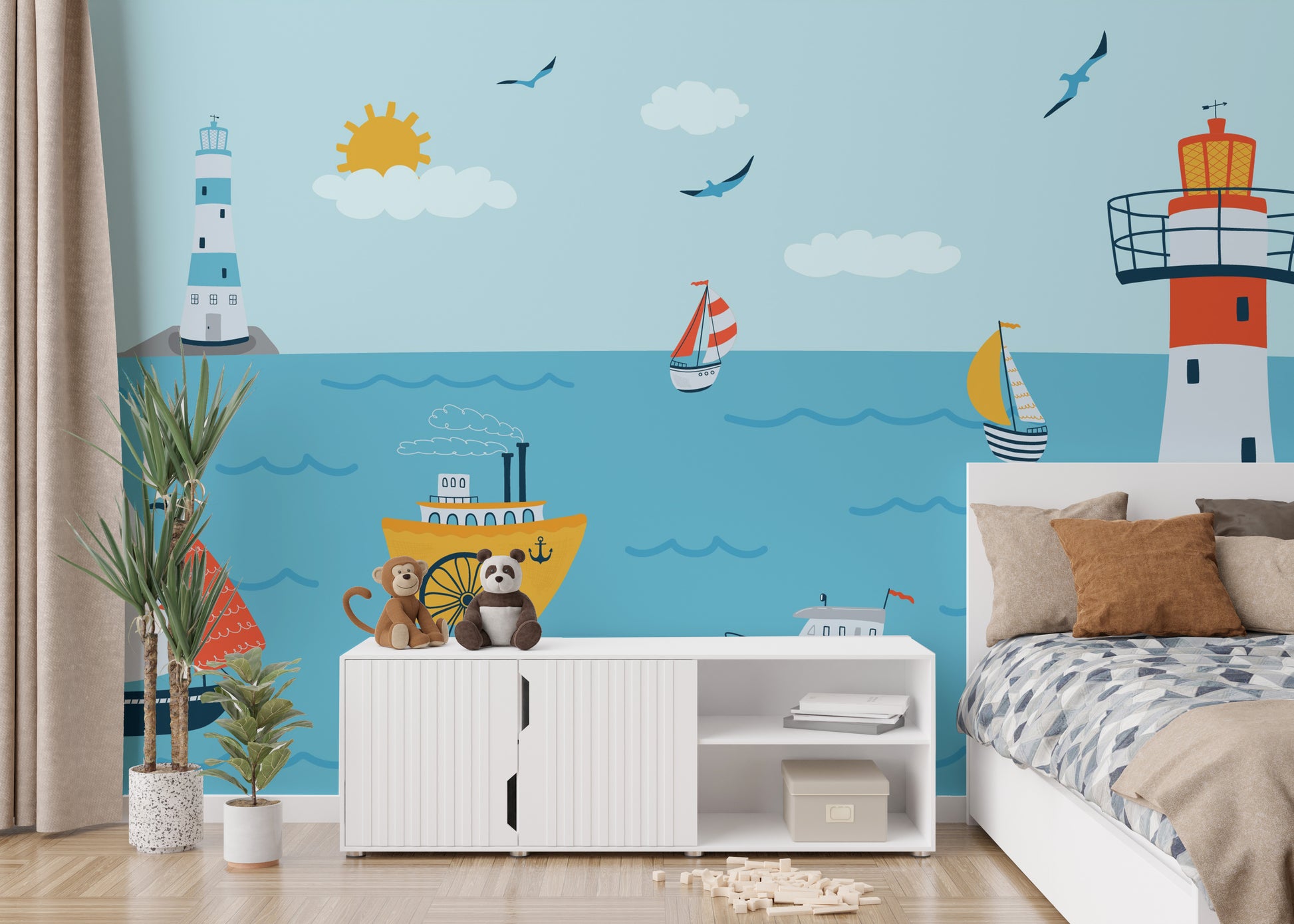 Beach-themed coastline mural for imaginative kids' spaces.
