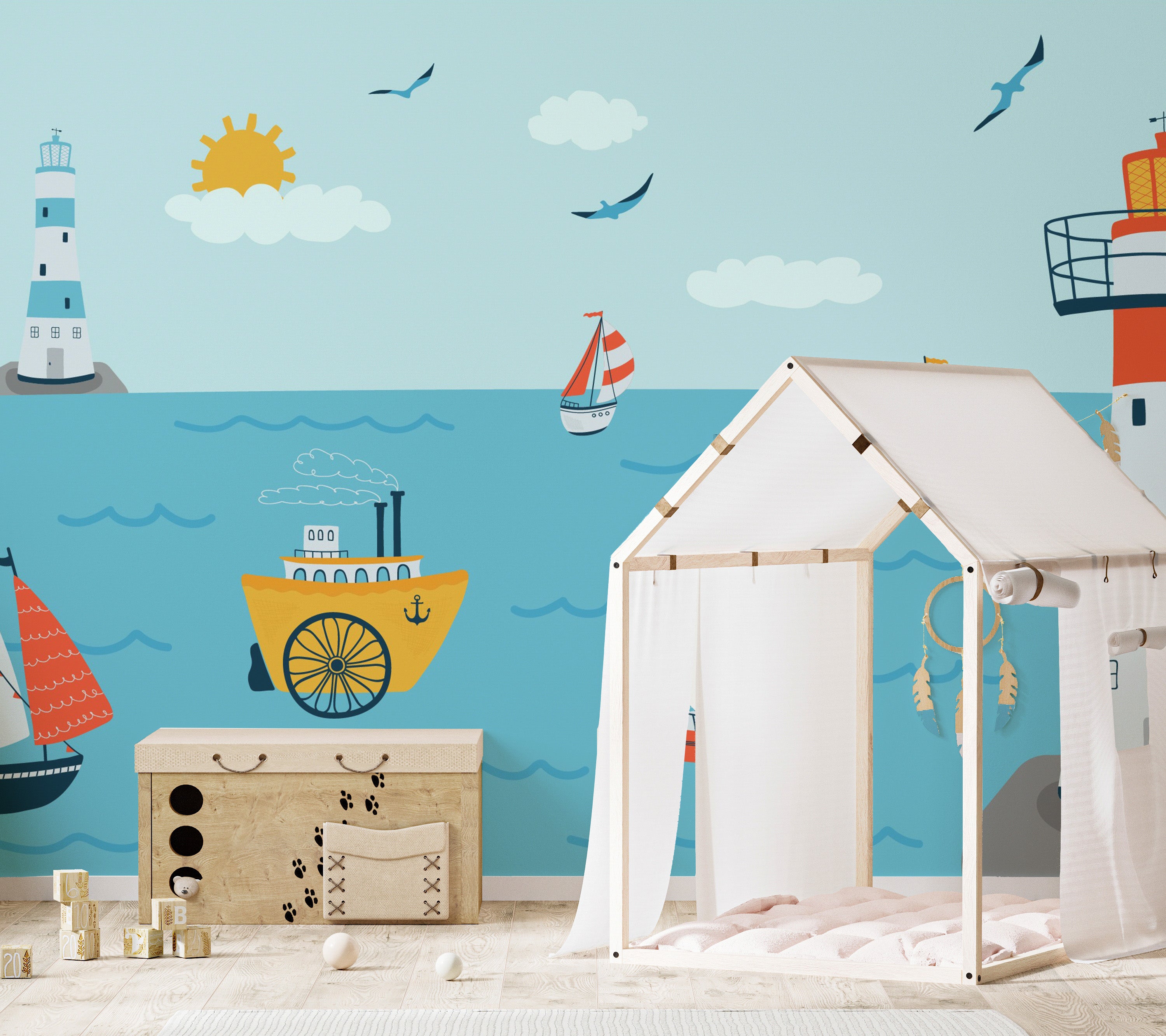 Coastline wonder mural creating a tranquil seaside ambiance.
