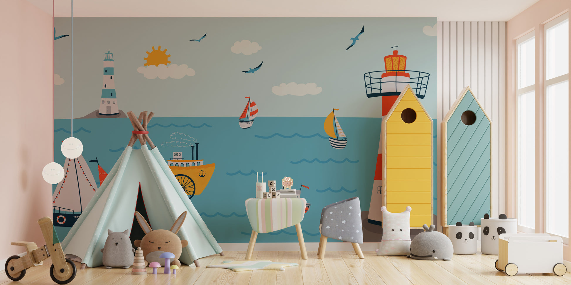 Kids' mural with a charming coastline and vibrant ocean views.
