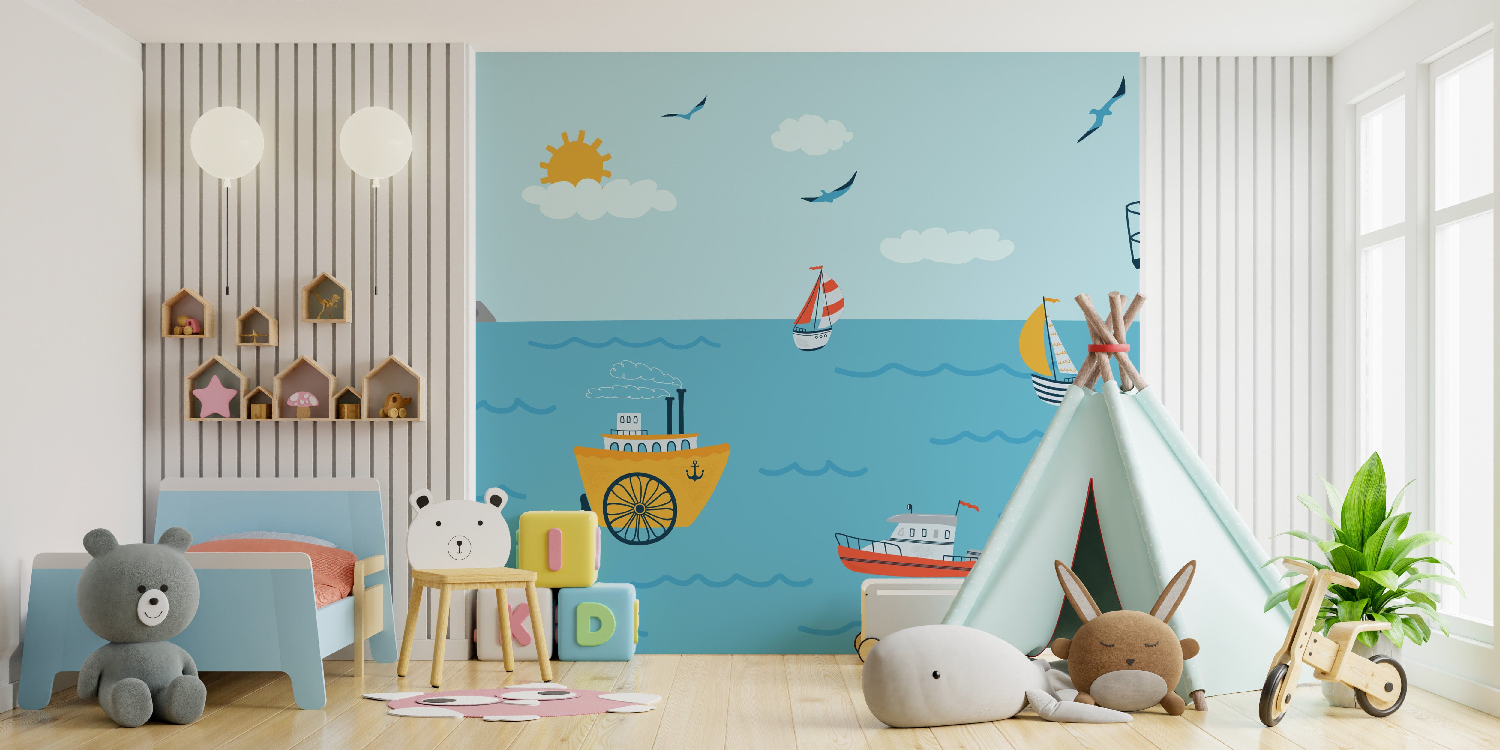 Coastline wonder wall mural featuring playful beach scenes.
