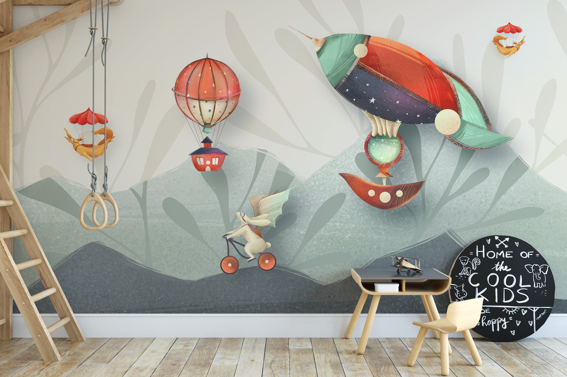 Animated characters mural bringing stories to life in kids' rooms.
