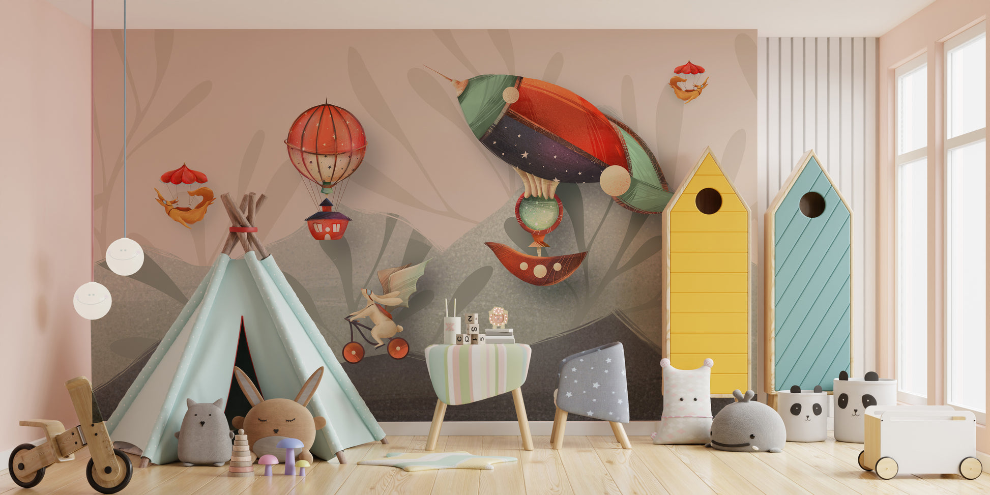 Kids' room wall mural with dynamic animation-inspired designs.
