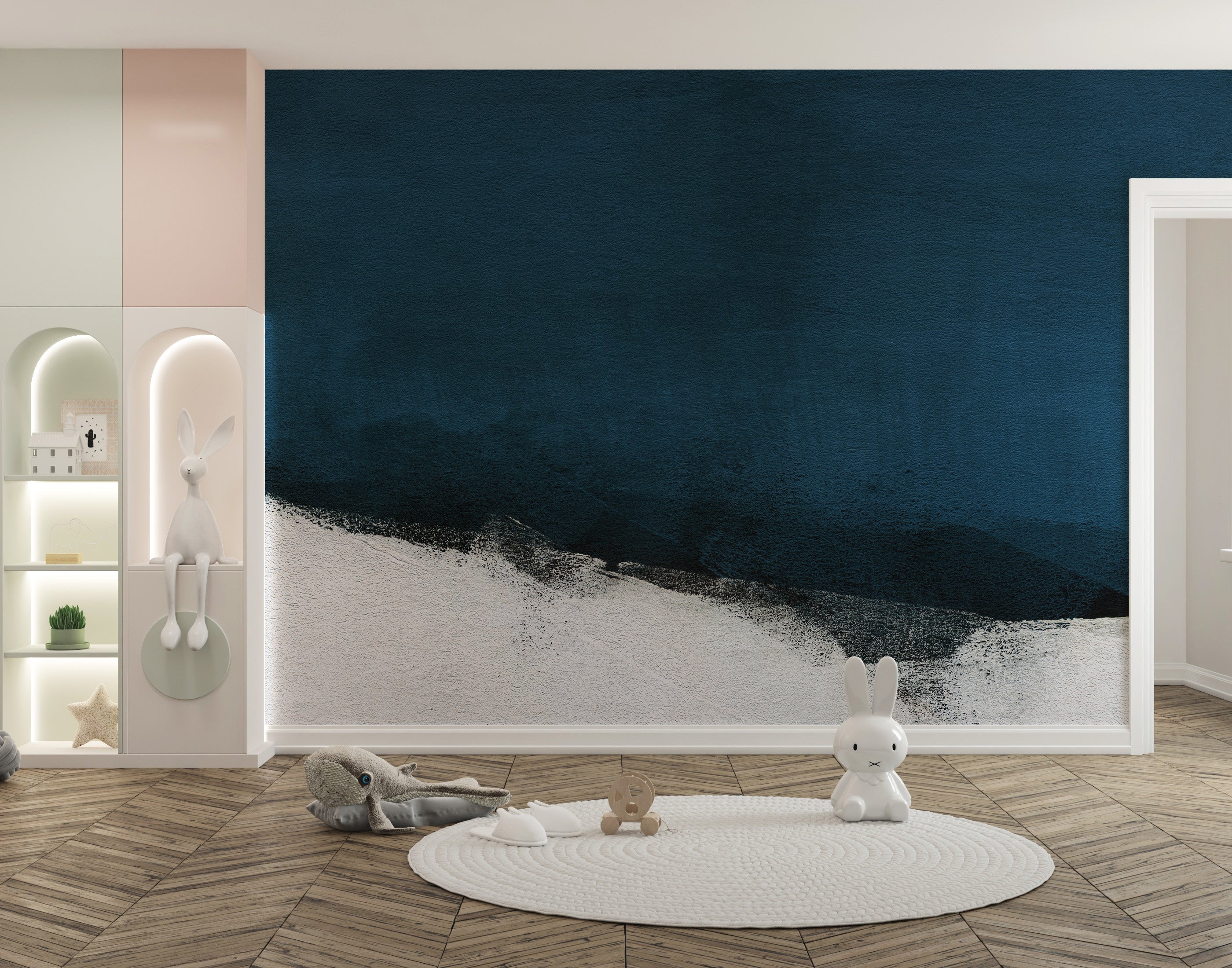 Blue watercolor mural creating a calming and modern ambiance.
