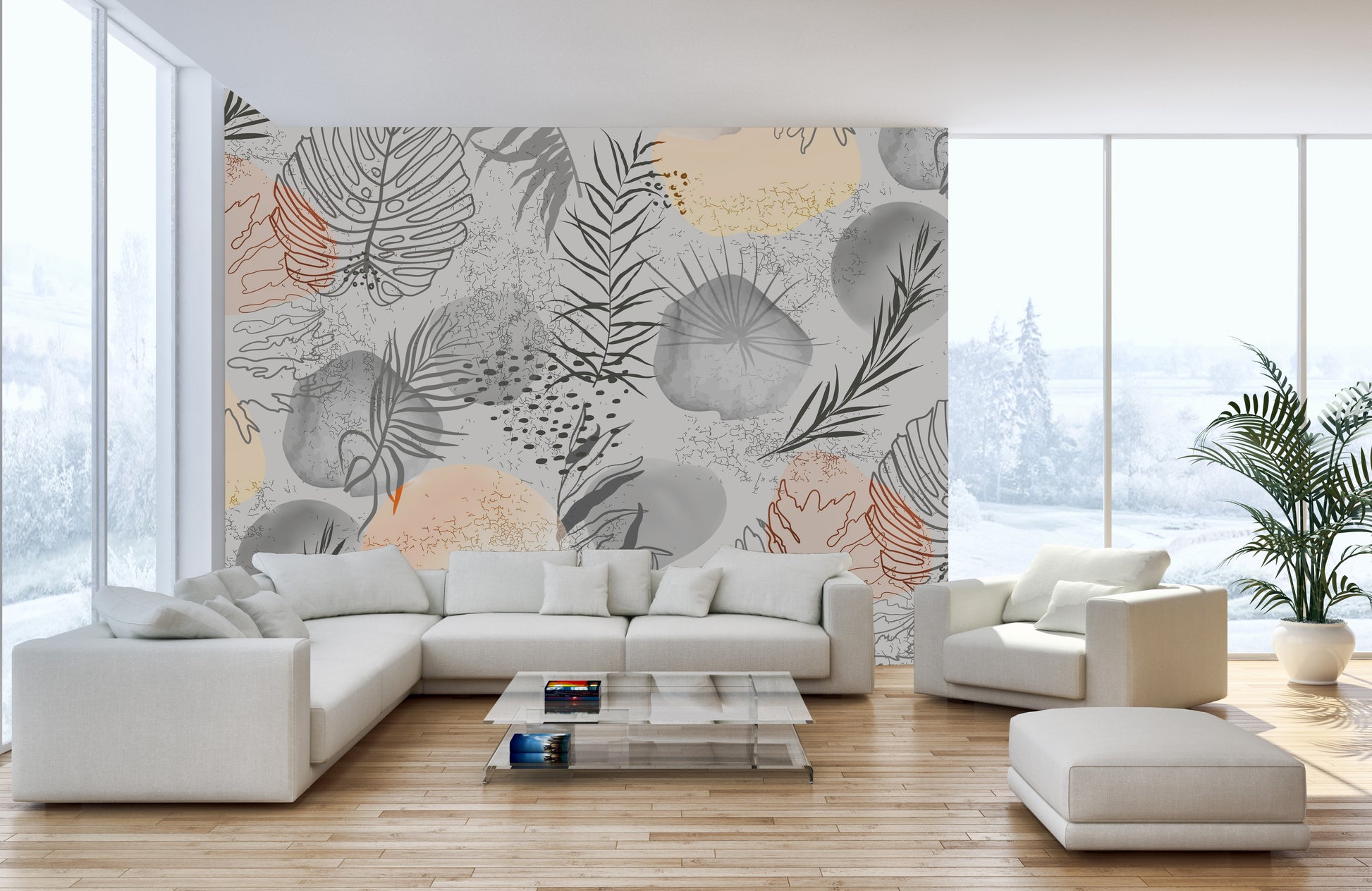 Artistic sketched tropical leaves mural for elegant wall decor.
