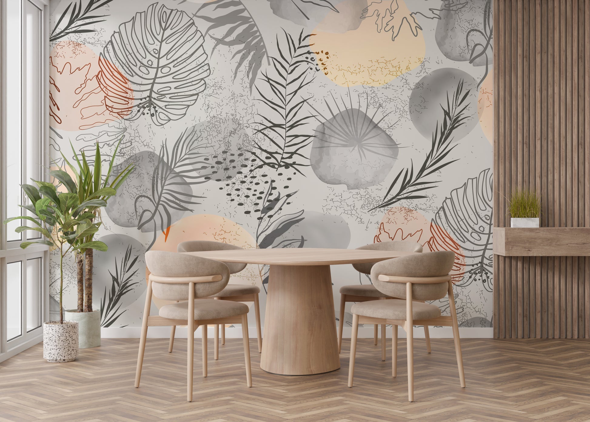 Tropical leaves mural with delicate sketched artistry.
