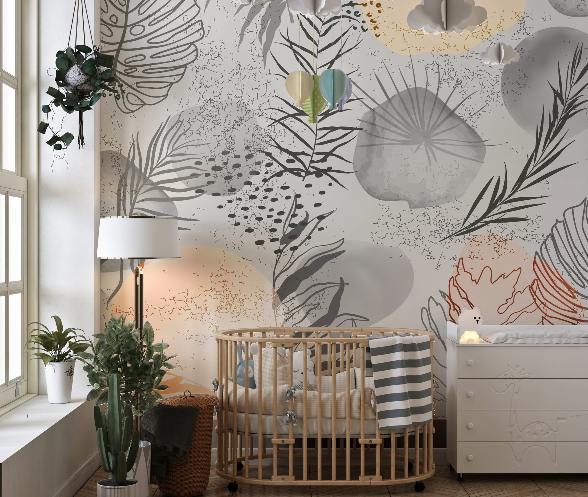 Stylish wallpaper featuring sketched tropical leaf motifs.
