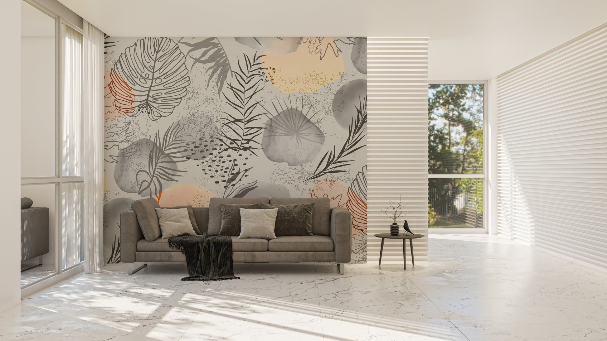 Minimalist tropical leaves mural with detailed hand-drawn designs.
