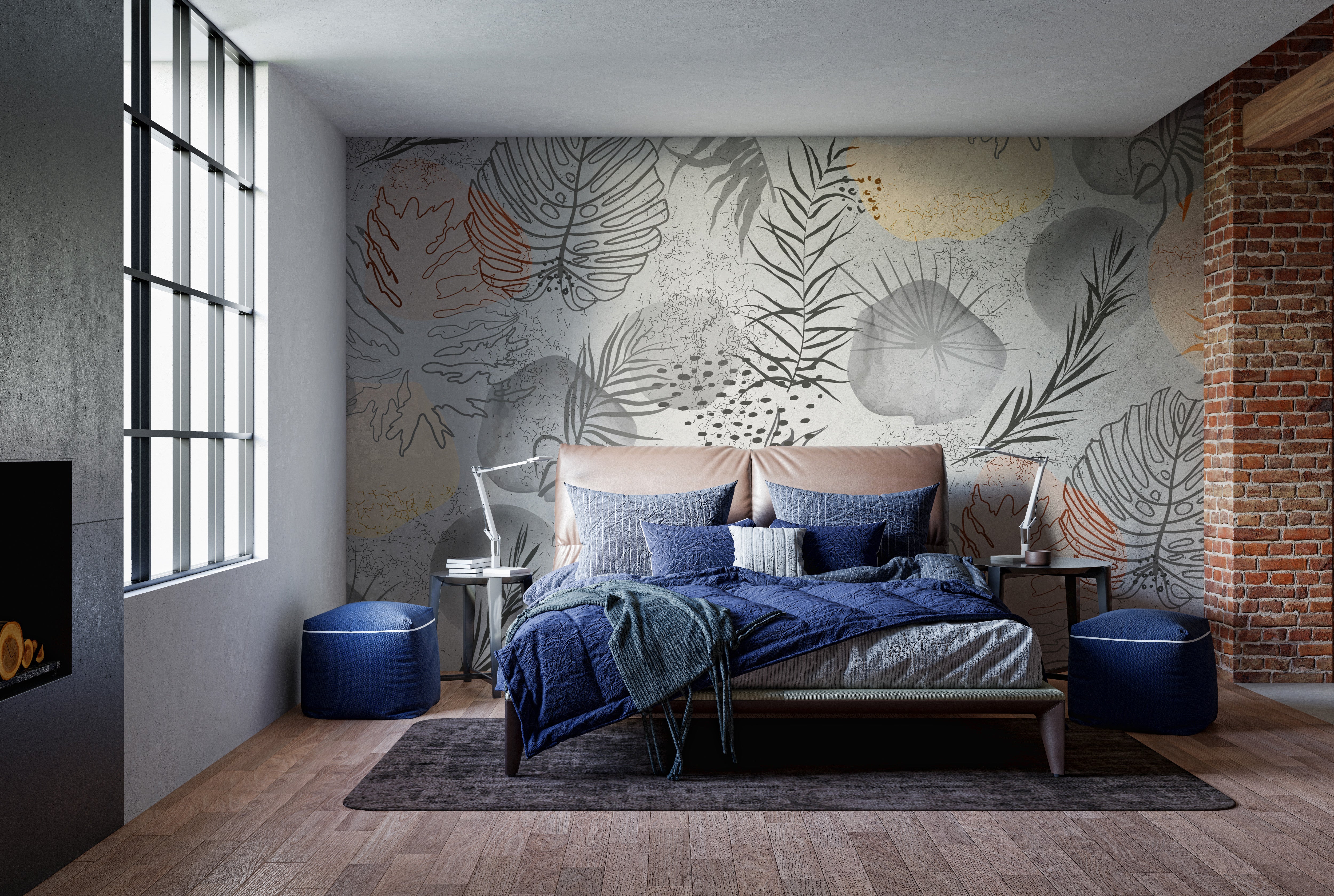 Tropical leaves wall mural showcasing artistic sketched patterns.
