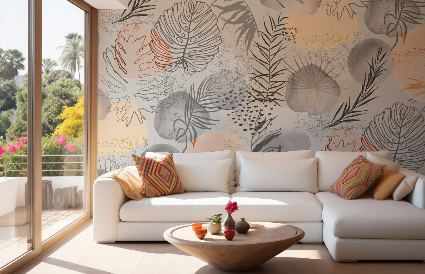 Hand-sketched tropical leaves wallpaper with a modern flair.
