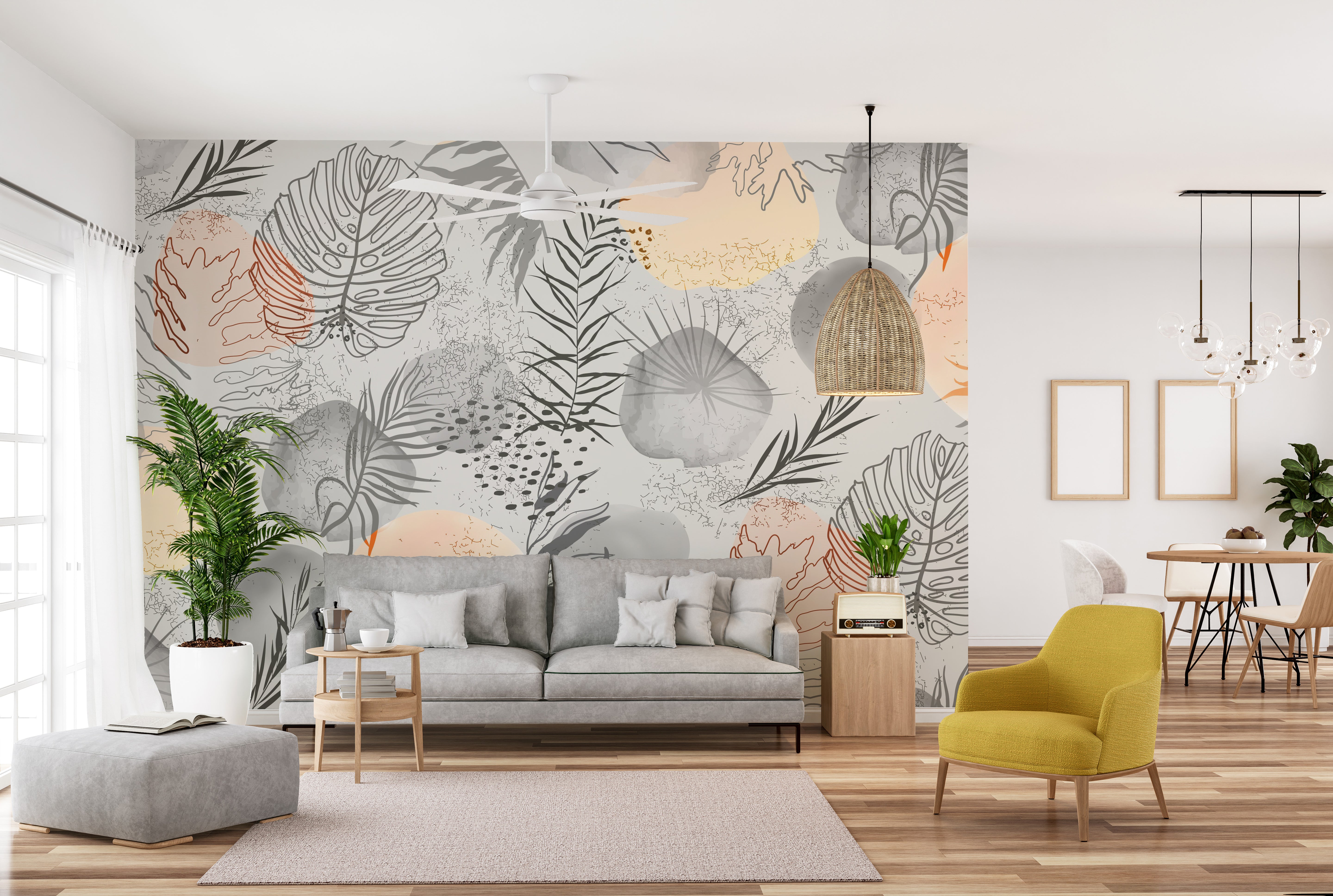 Sketched tropical leaves mural for stylish and natural interiors.
