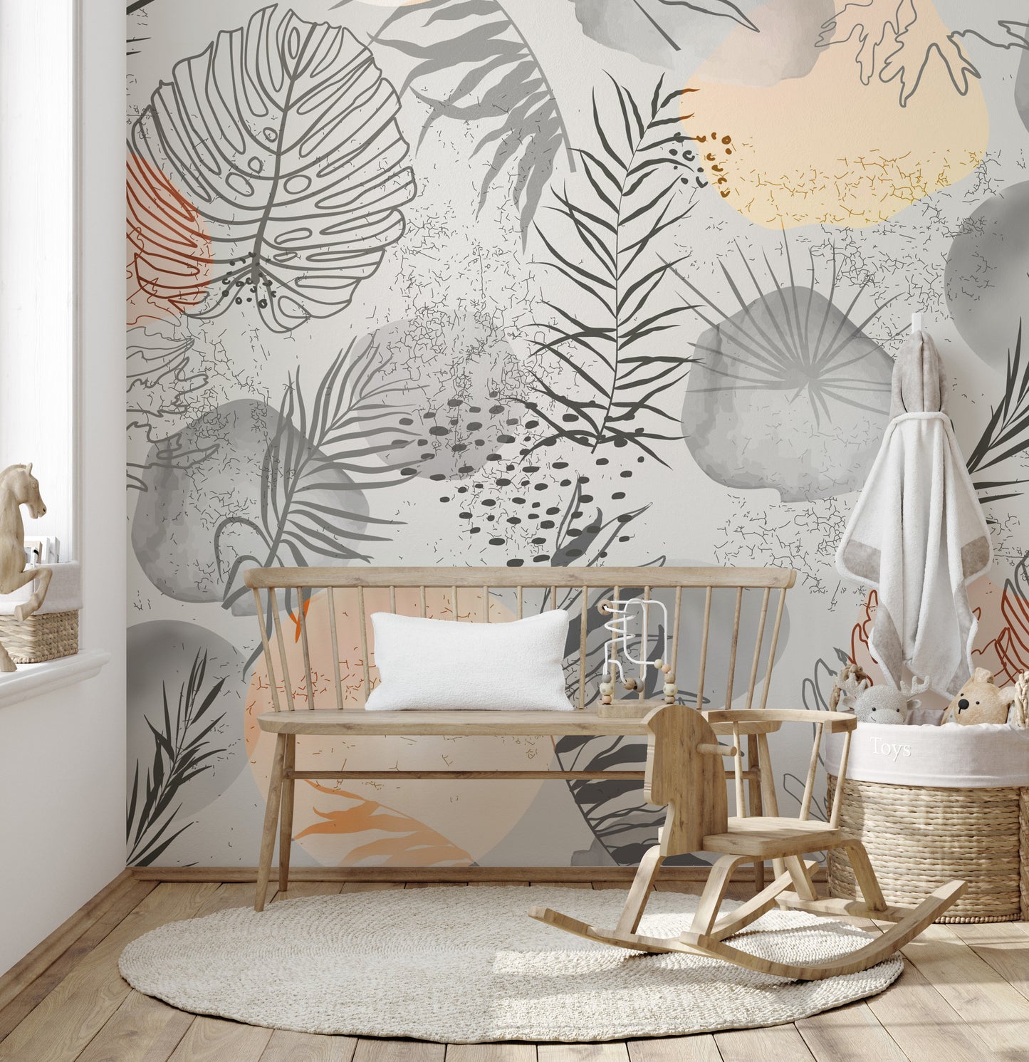 Tropical mural with hand-drawn leaves for chic, natural decor.



