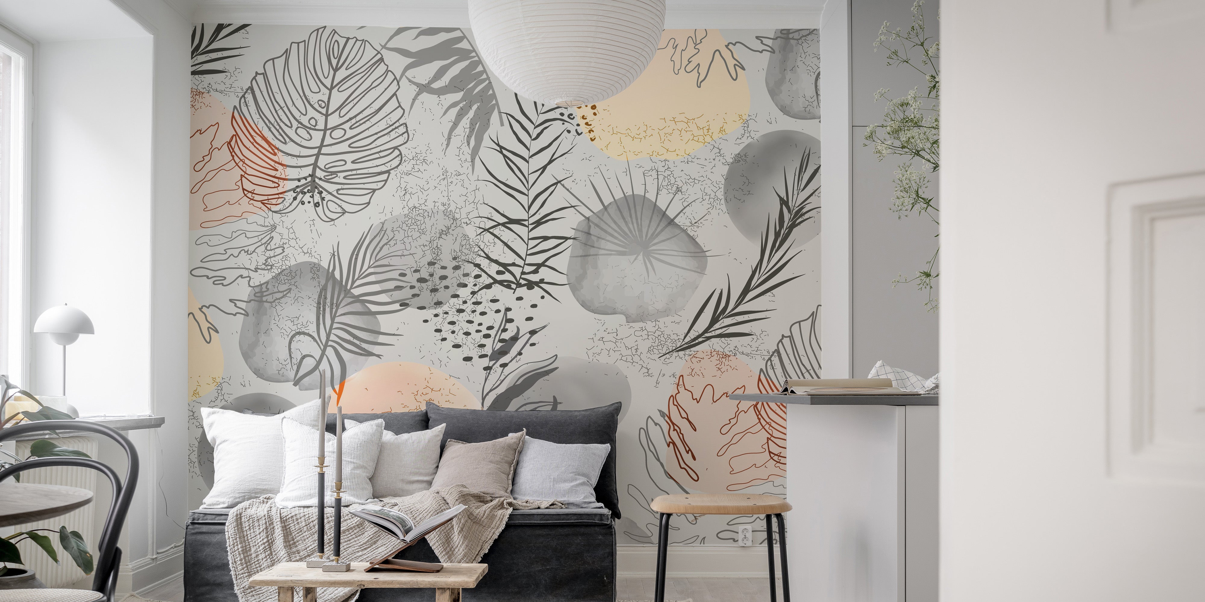 Tropical leaves wallpaper featuring hand-drawn sketched designs.
