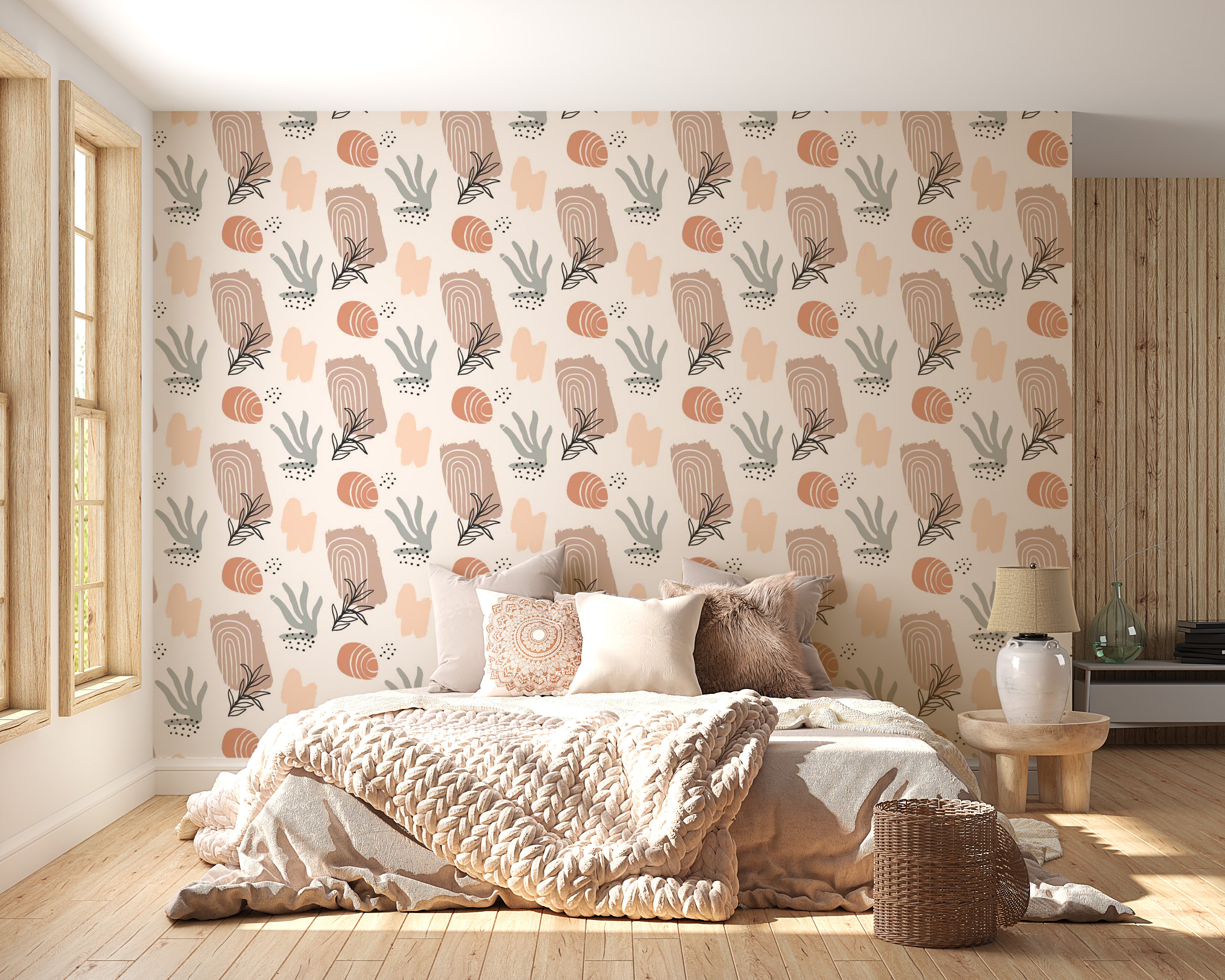 Dreamy mural showcasing organic forms in watercolor tones.
