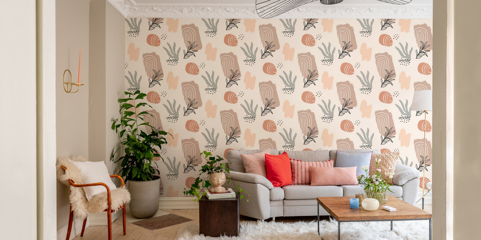 Blossom bliss pattern wallpaper featuring soft watercolor flowers.
