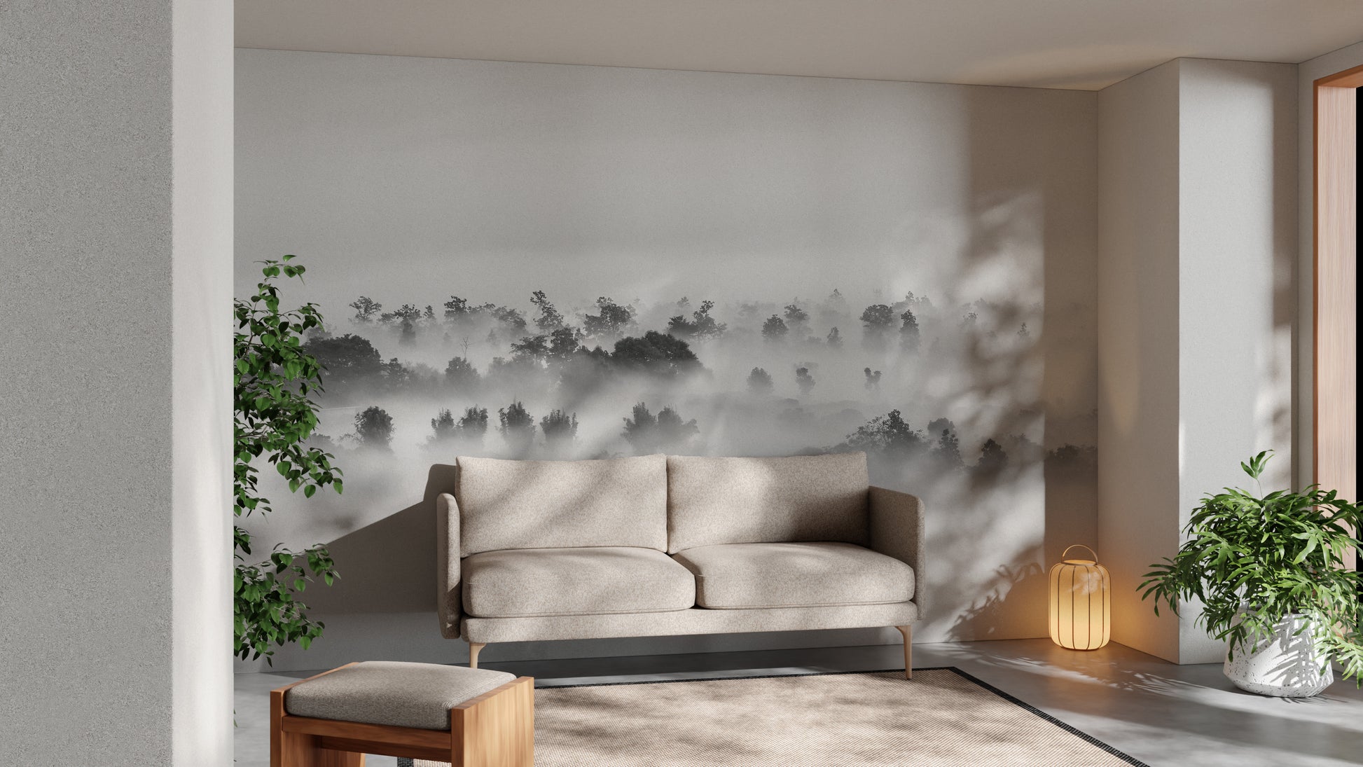 Stormy silhouettes mural adding depth to modern interiors.
