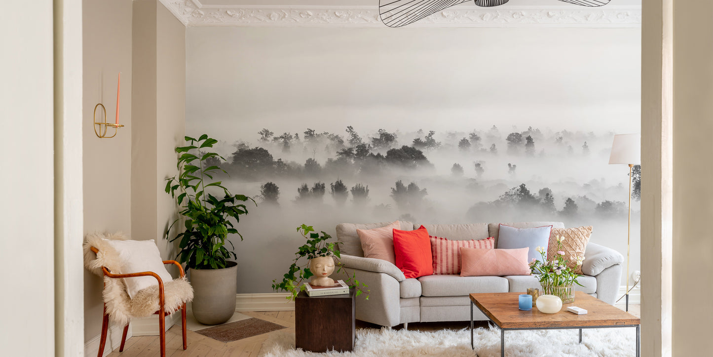 Bold wall mural showcasing stormy and abstract silhouettes.
