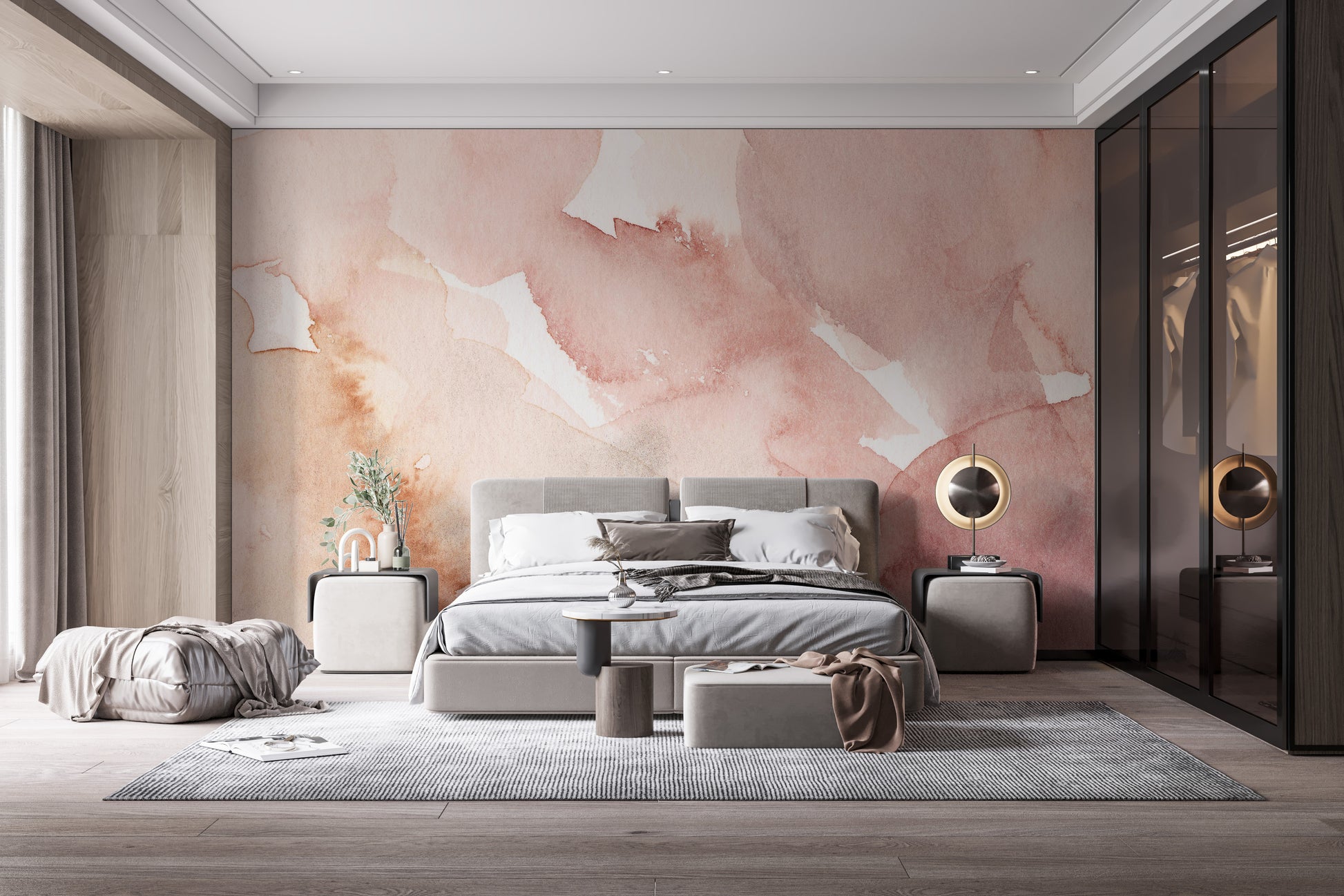 Soft pink watercolor waves mural for serene wall decor.
