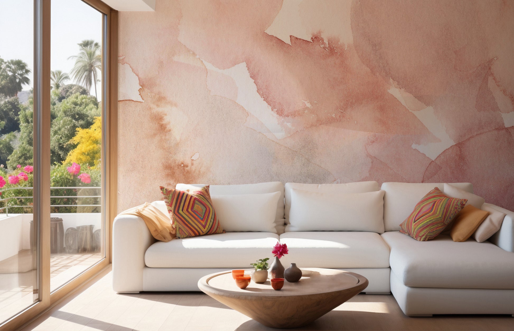 Tender pink watercolor wallpaper for modern and chic walls.
