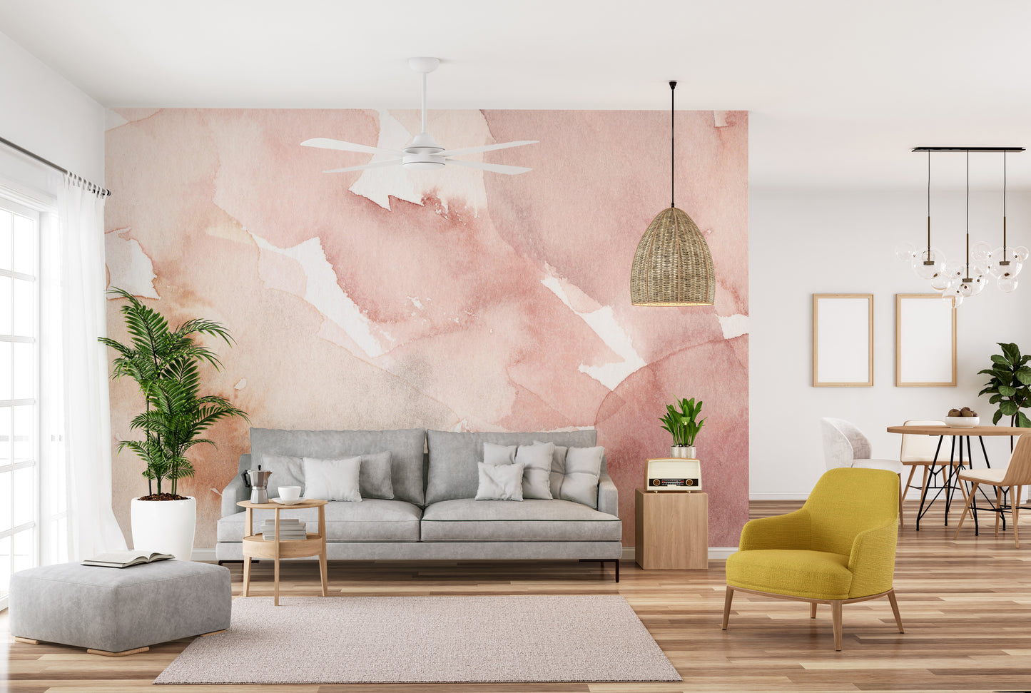 Artistic pink waves mural creating a tranquil ambiance.
