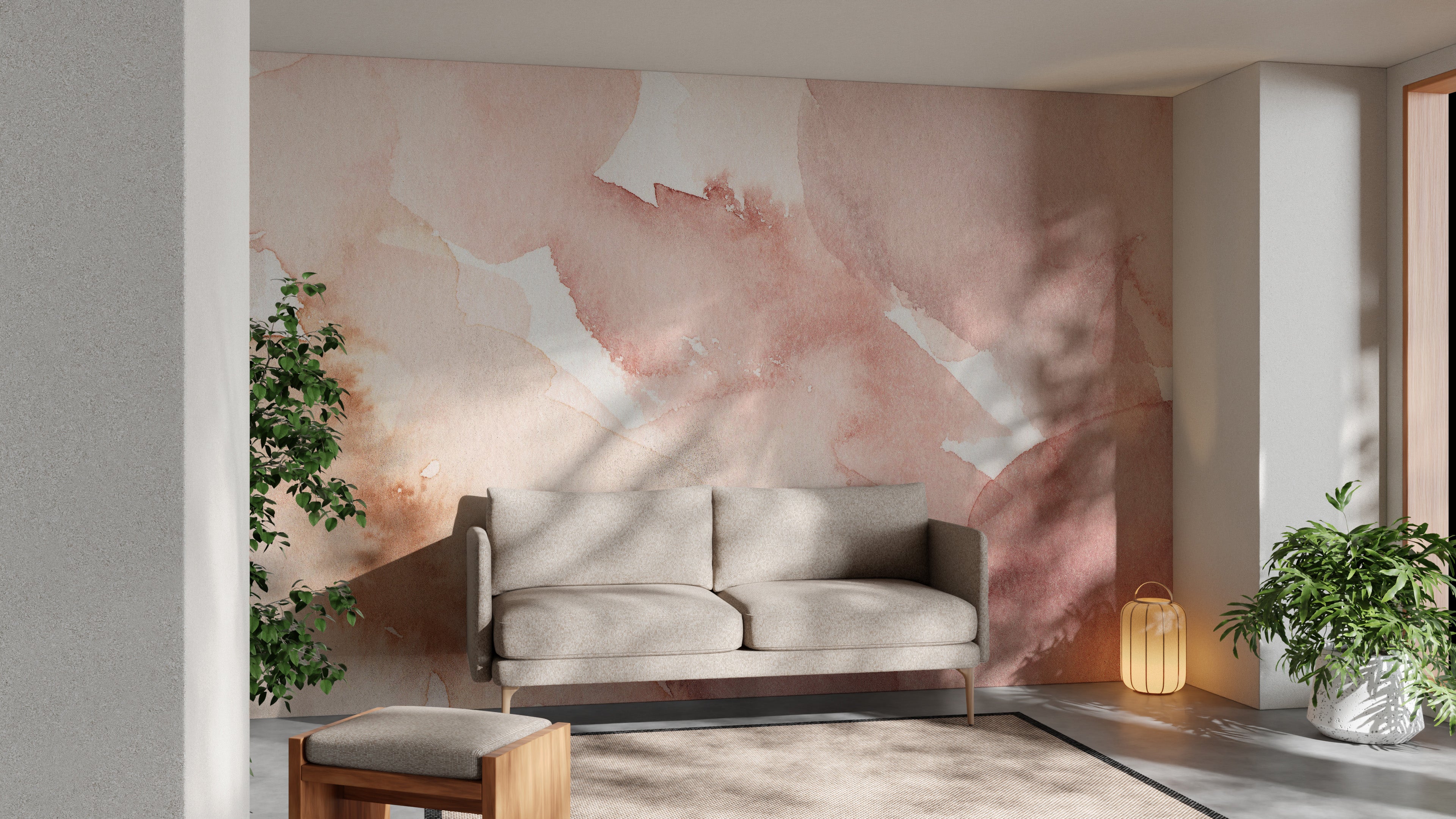 Watercolor mural with gentle pink waves for stylish interiors.
