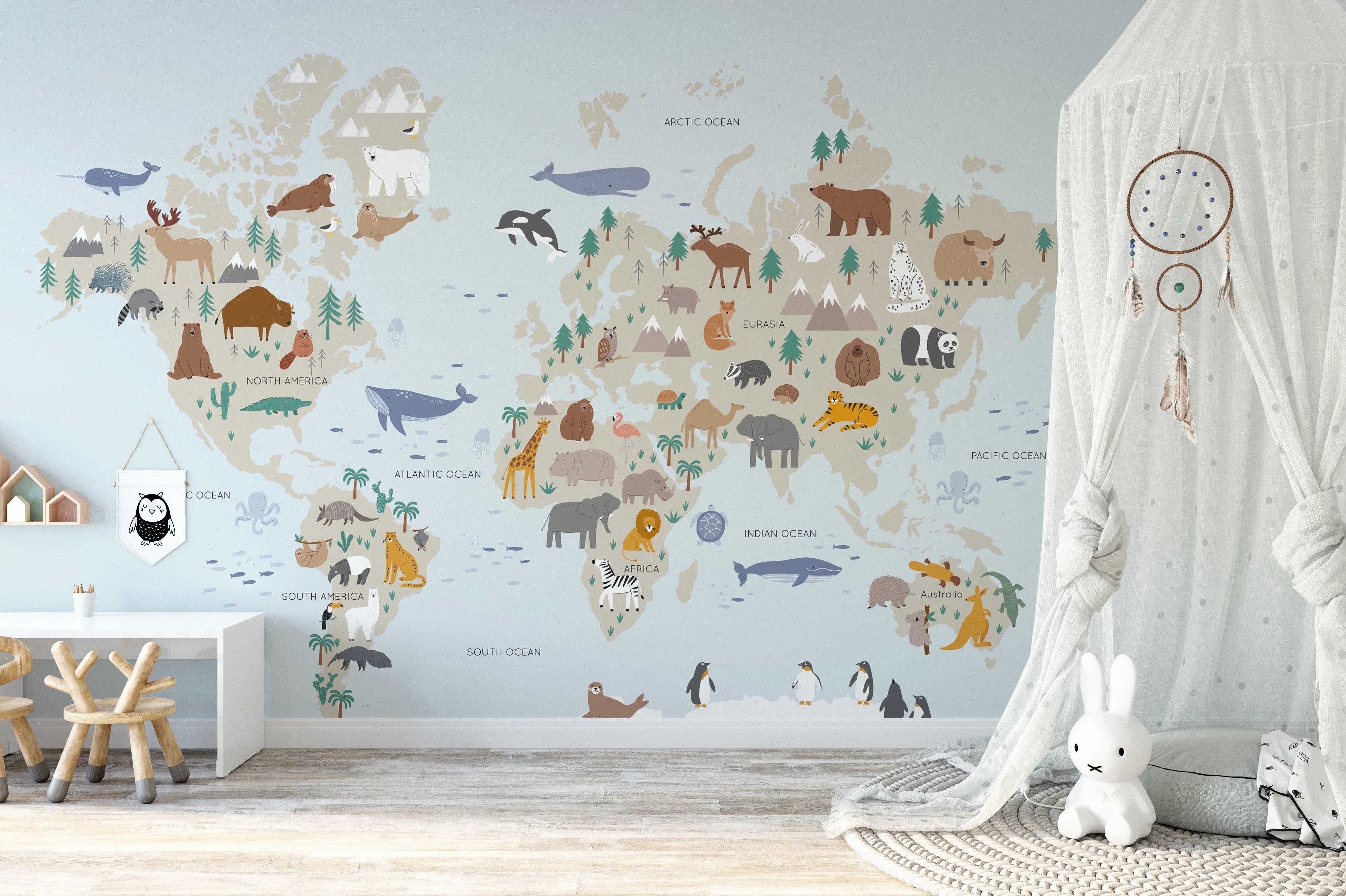 Wild safari adventure mural featuring animals and lush landscapes.
