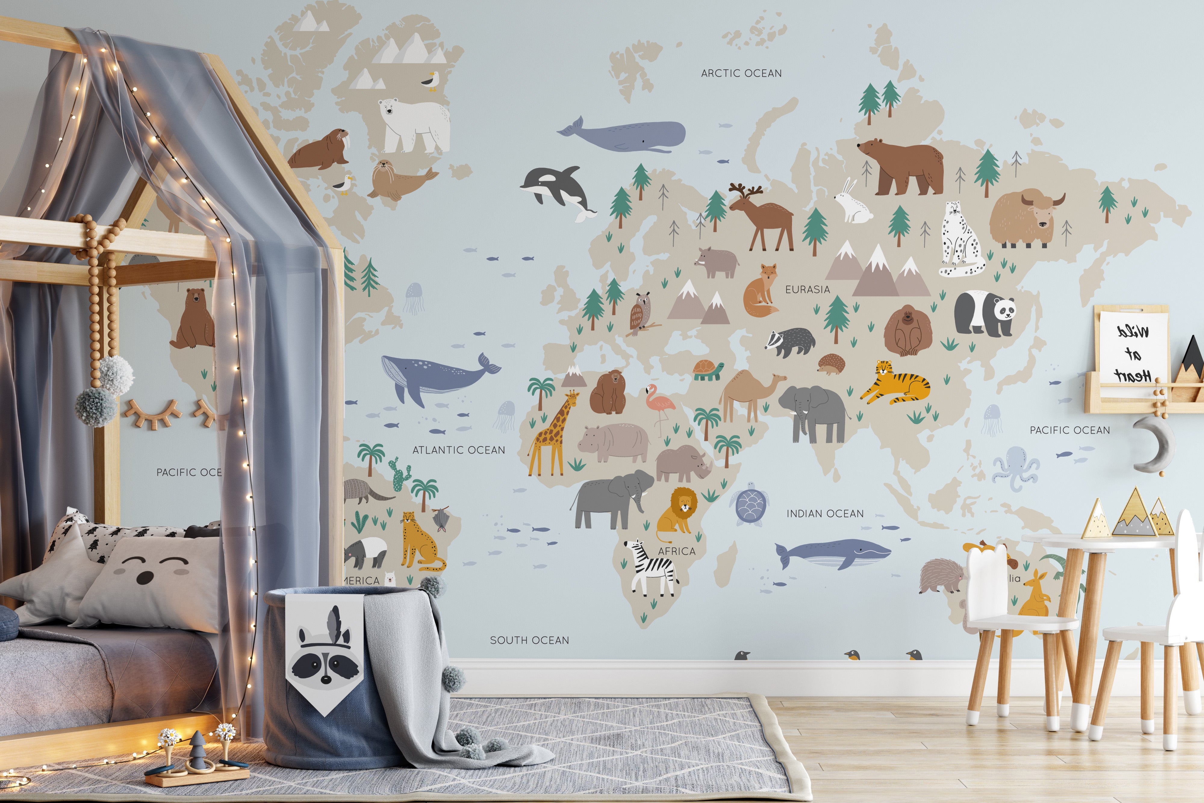 Wild safari mural with animals and greenery for dynamic wall decor.
