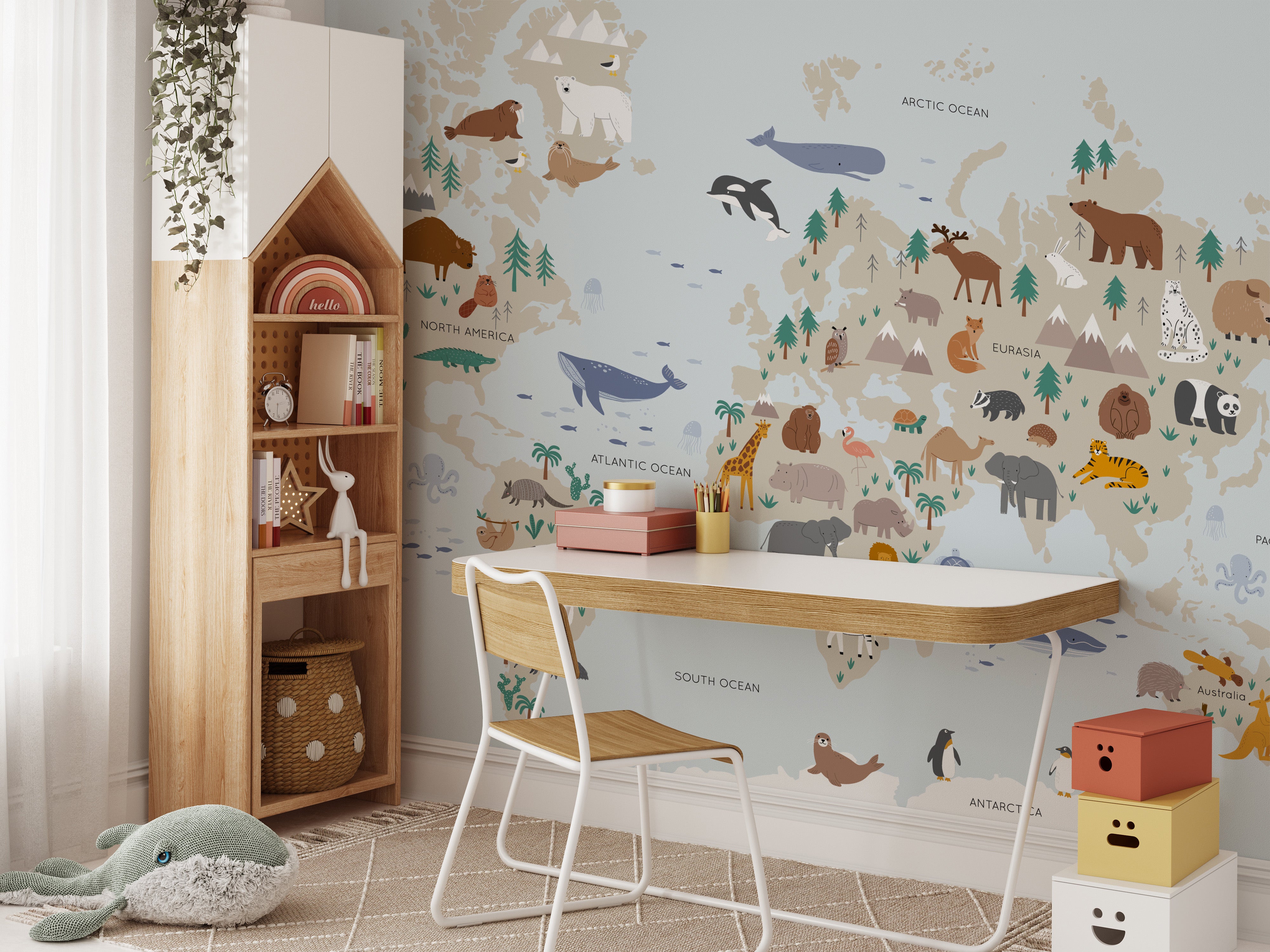 Wildlife adventure mural with a bold and colorful safari design.
