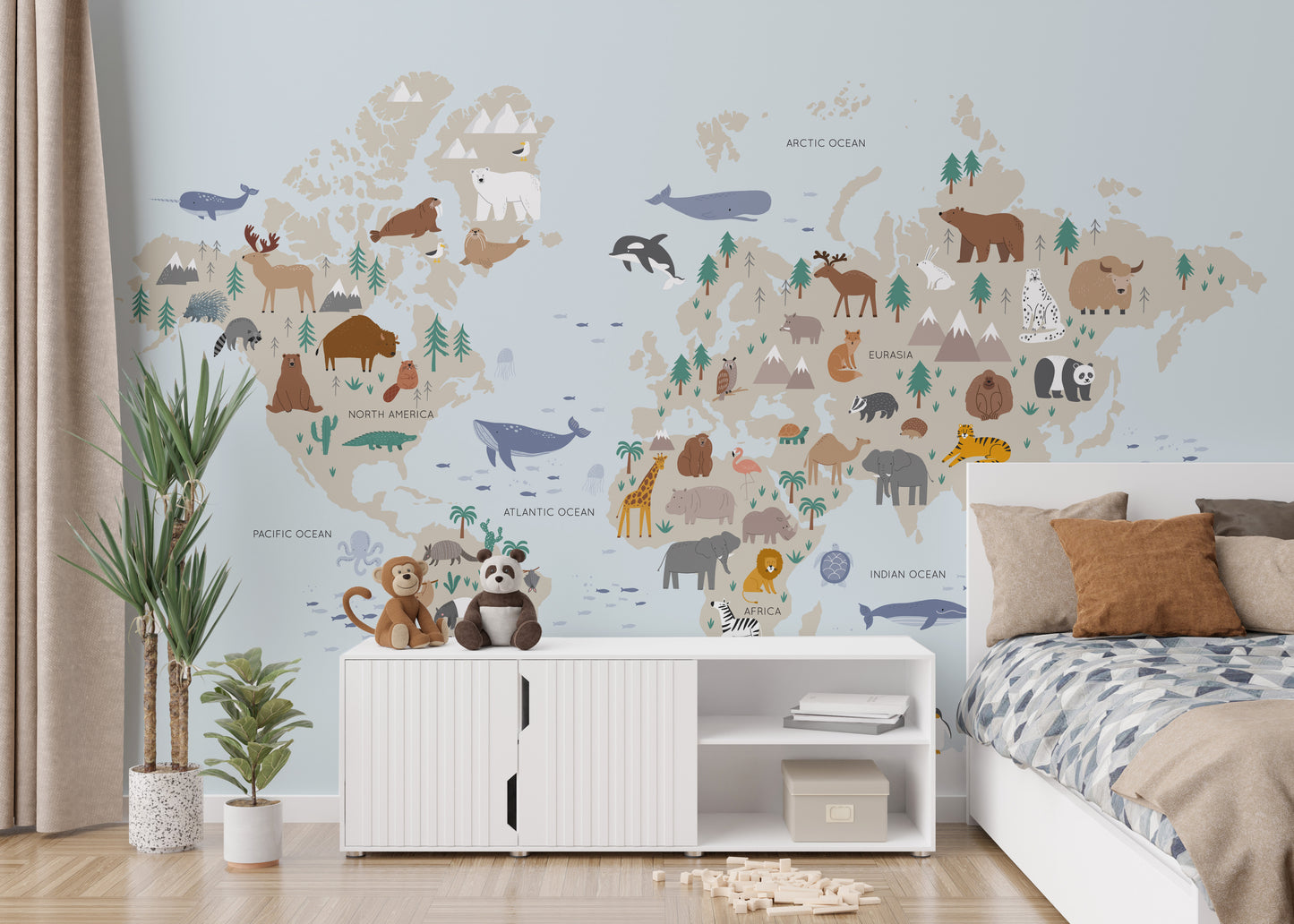 Artistic safari wallpaper mural featuring wild animals and trees.
