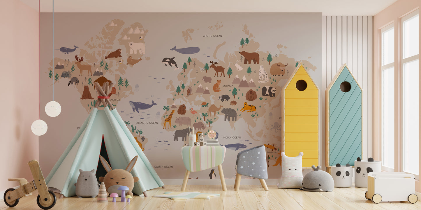 Wild safari wallpaper mural showcasing exotic animals and nature.
