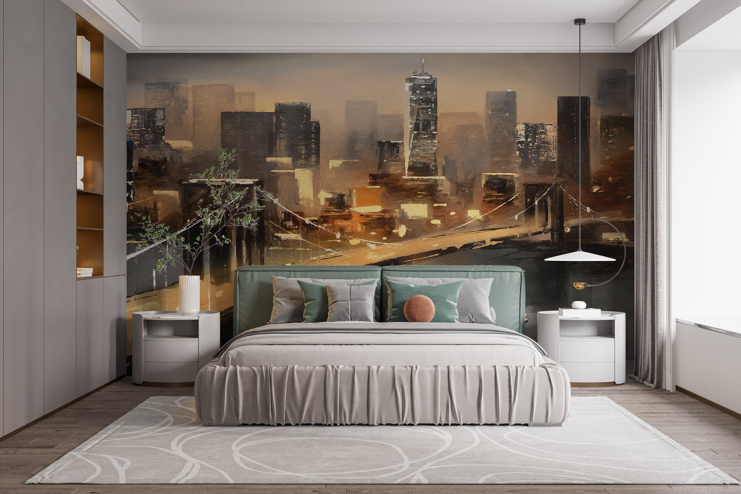 Bold mural showcasing vibrant impressions of New York landmarks.
