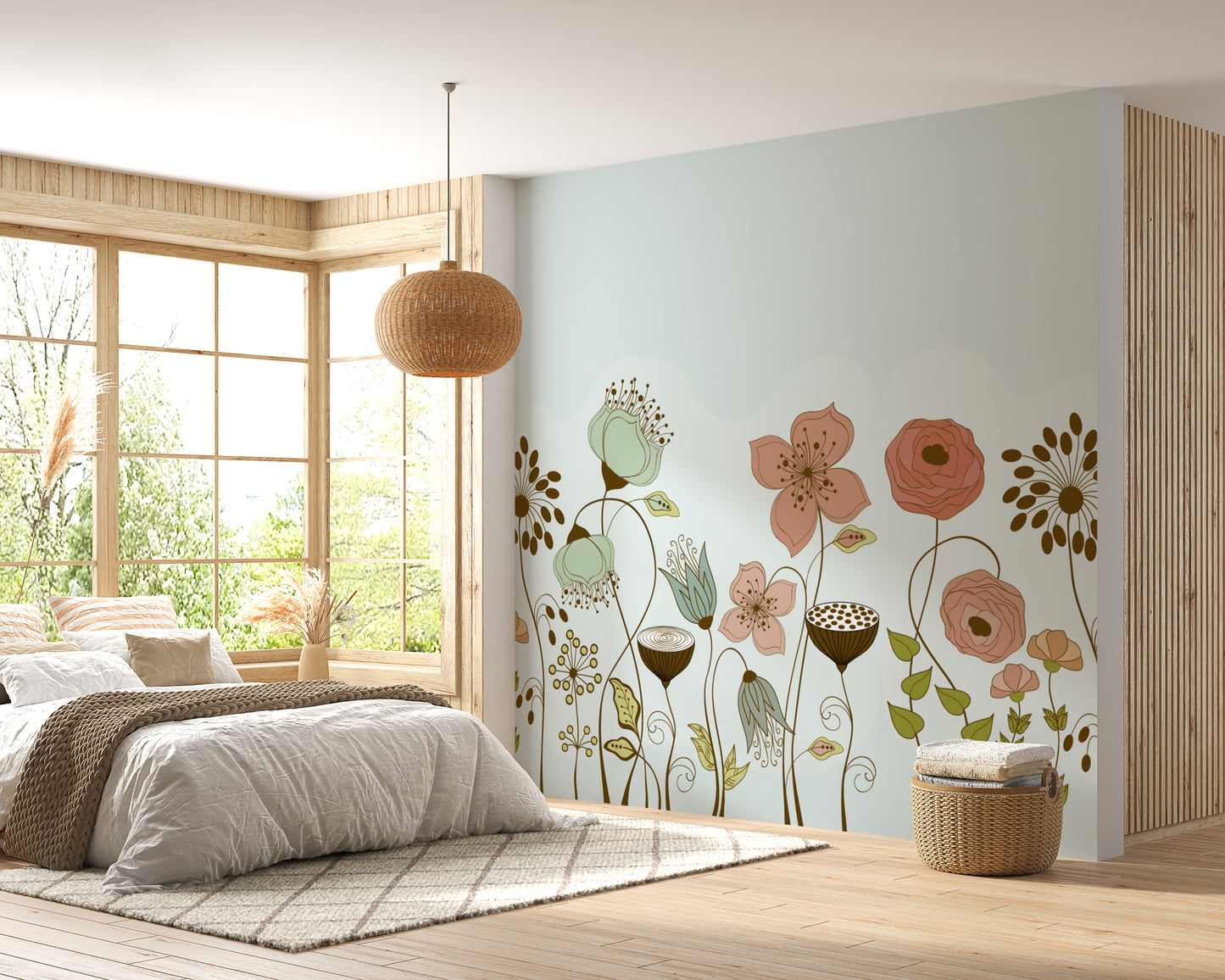 Soft floral essence mural for graceful and serene interiors.
