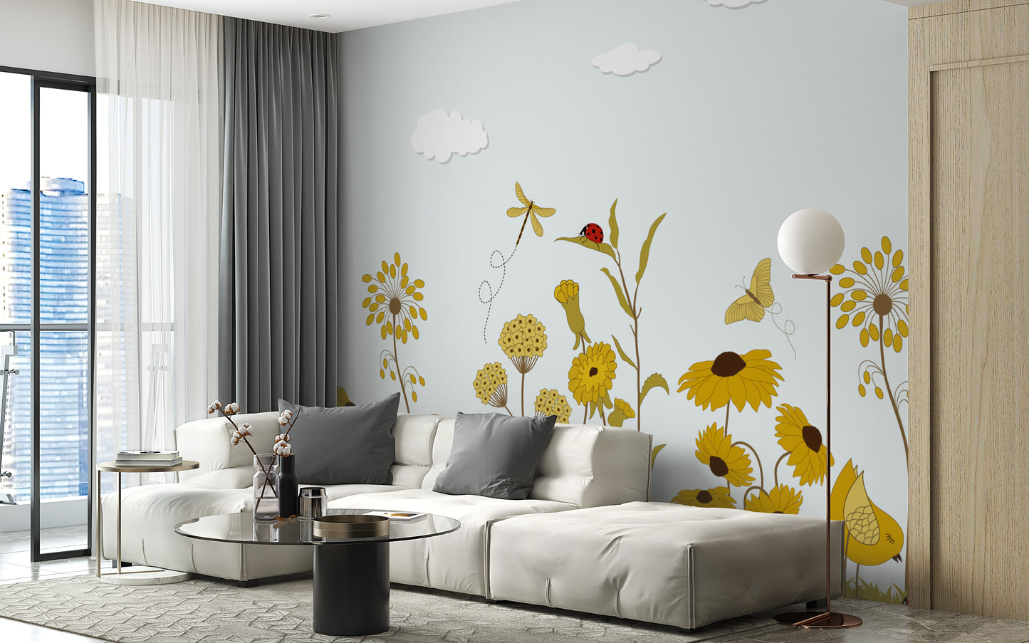 Sunshine serenade mural with vibrant hues for cheerful interiors.
