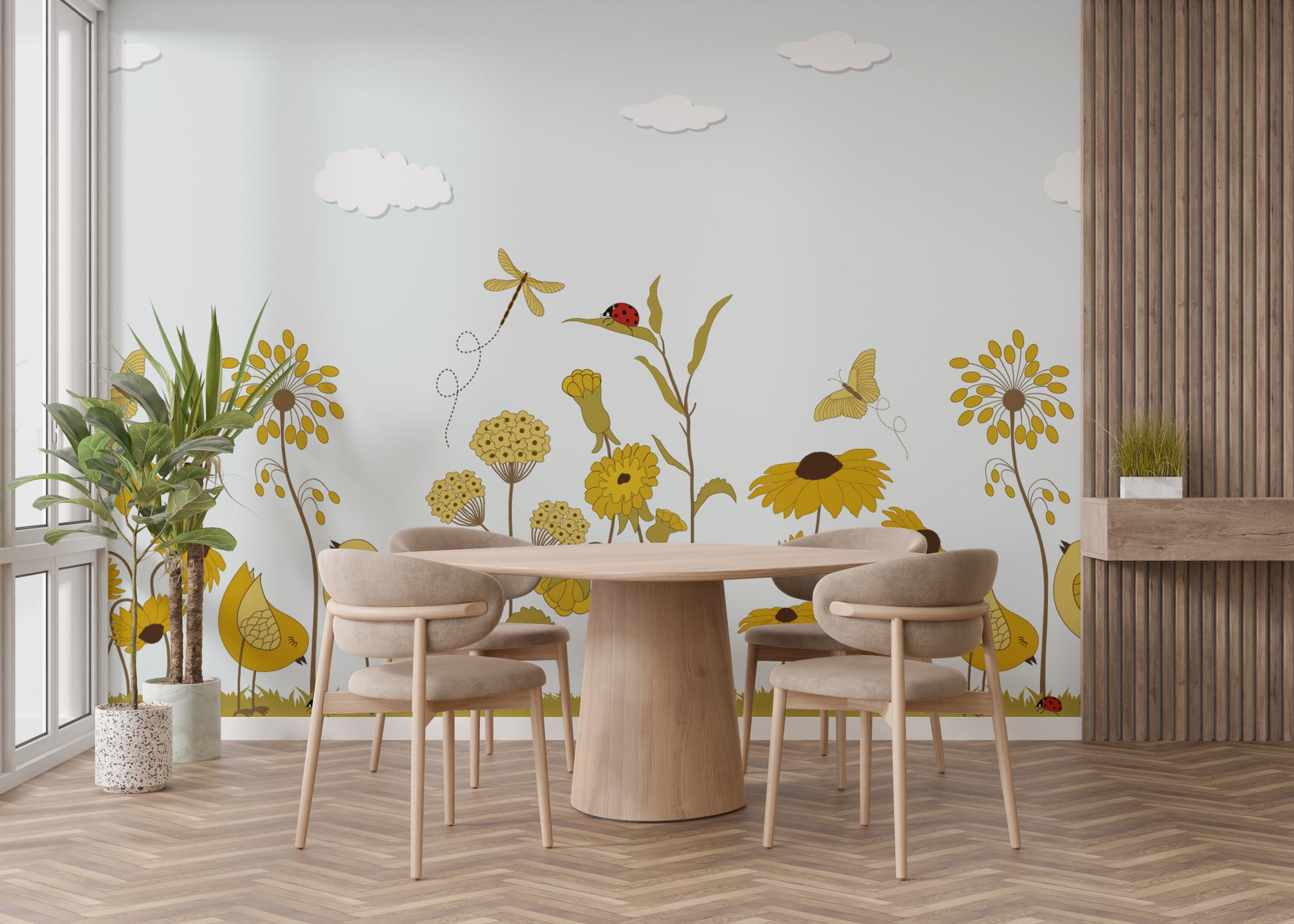 Sunshine-themed mural bringing brightness to modern interiors.
