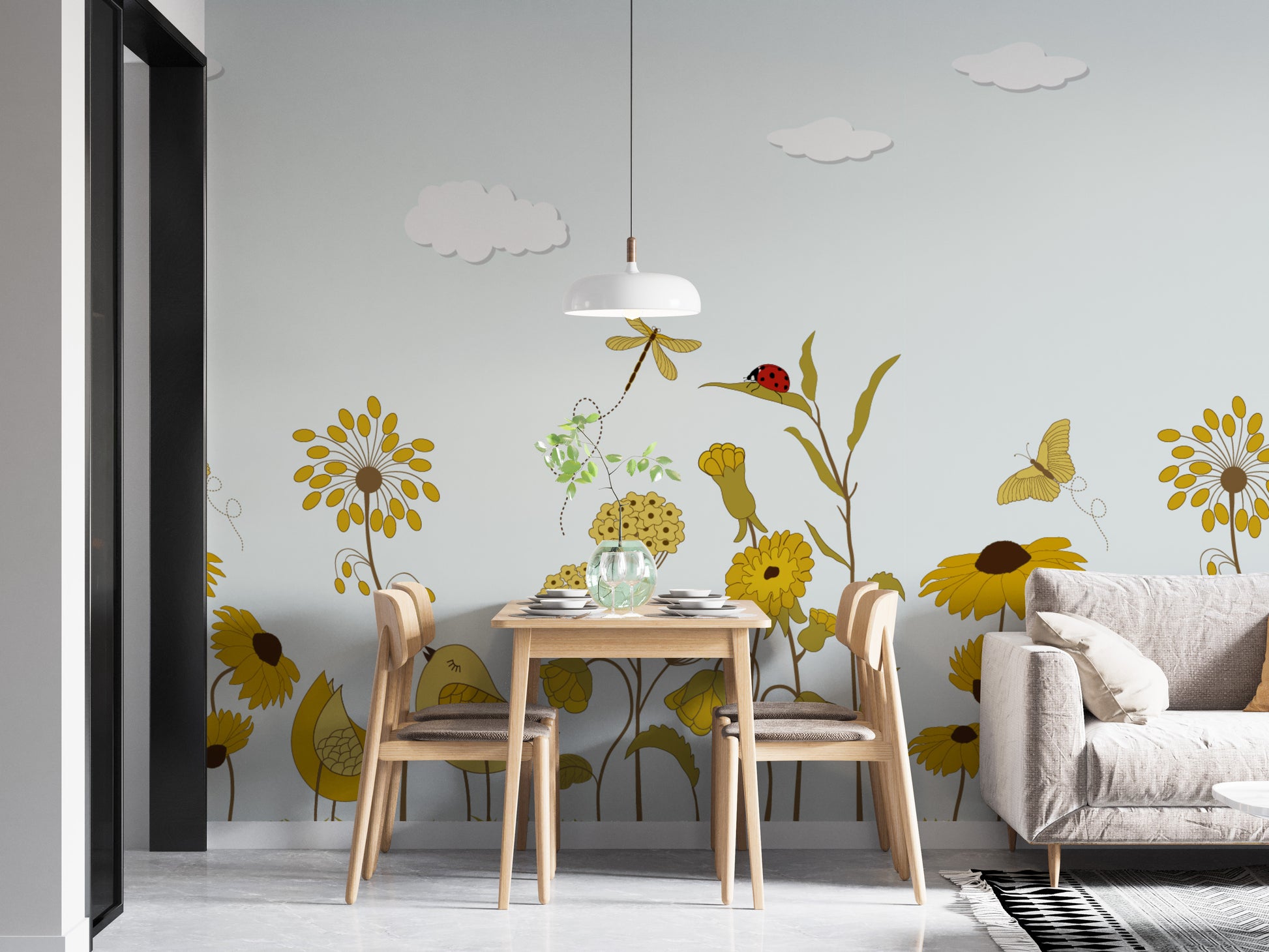 Artistic wallpaper mural with a glowing sunshine serenade design.
