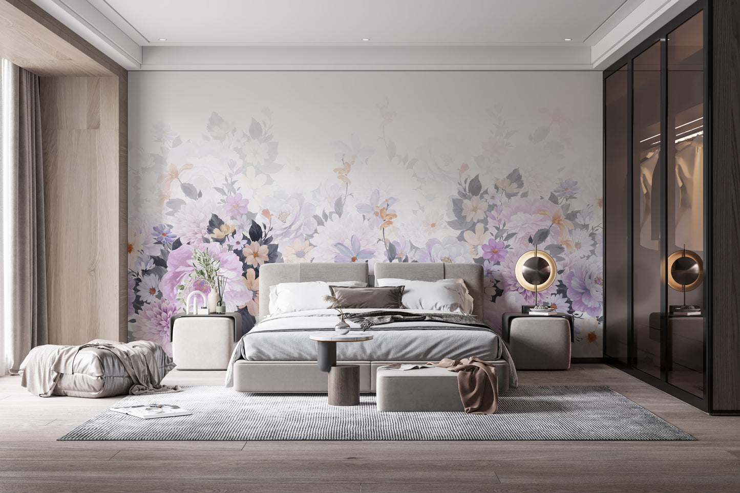 Blooming purple floral mural for elegant and calming interiors.
