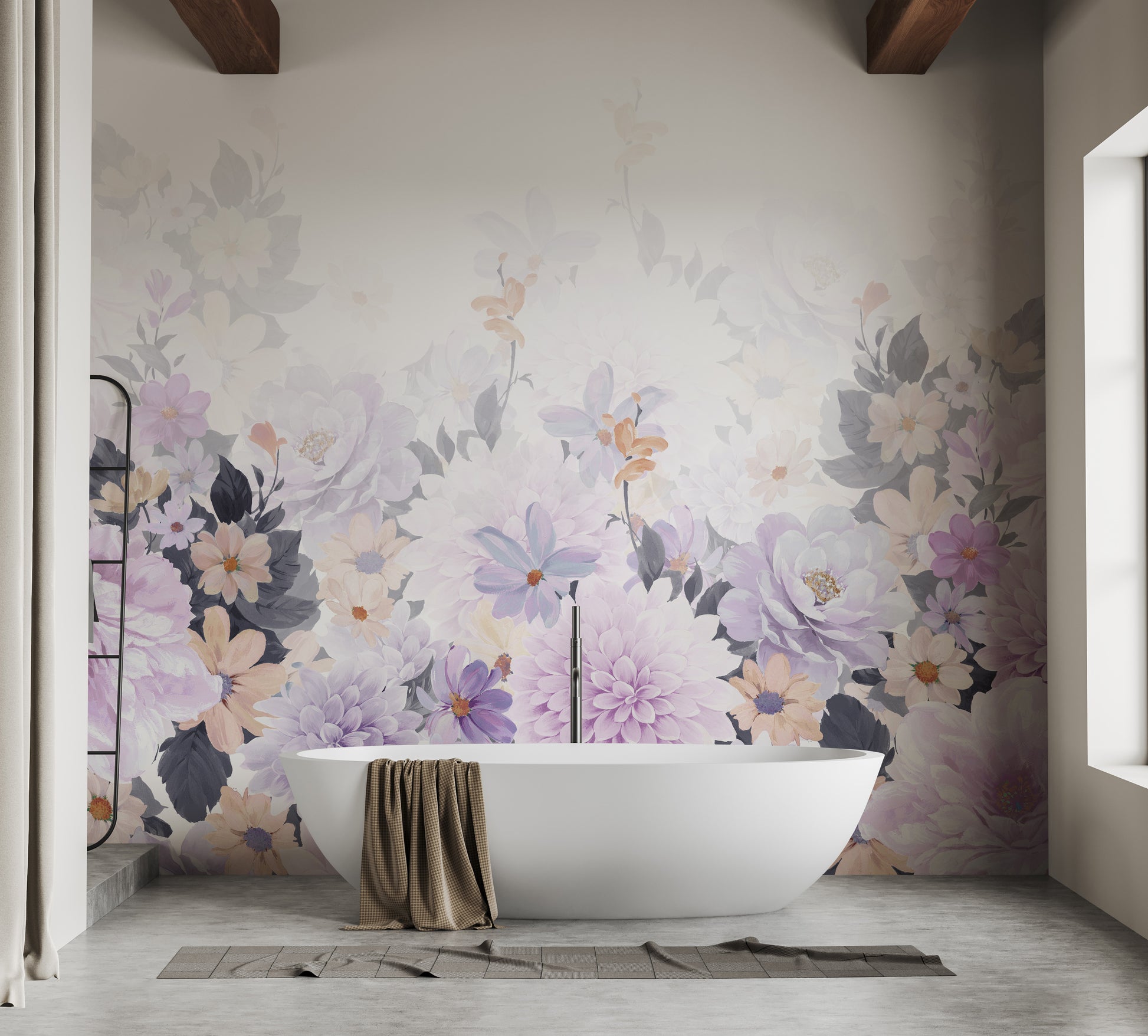 Watercolor mural showcasing blooming purple flowers for decor.
