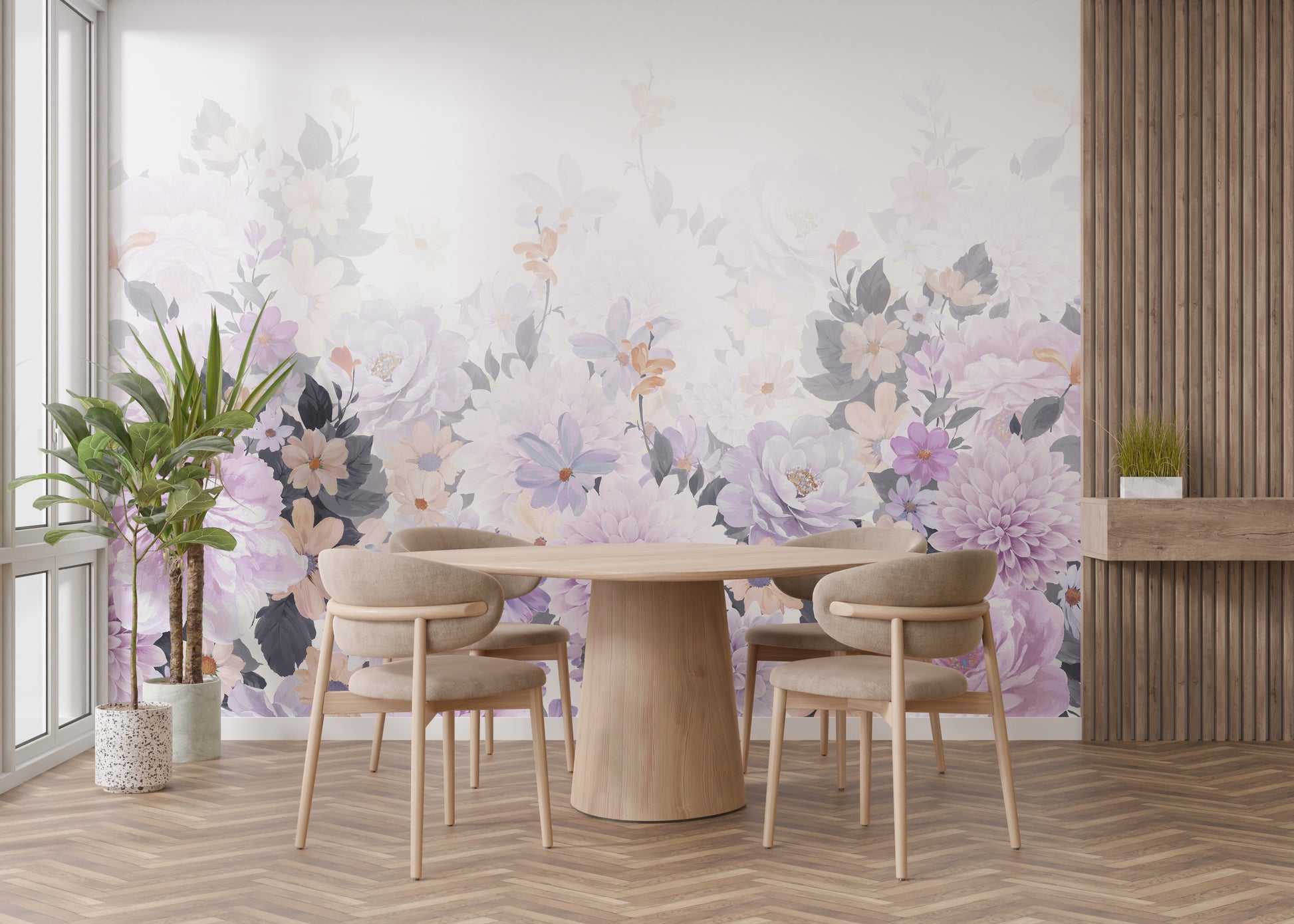 Purple harmony mural with watercolor blooms for serene walls.
