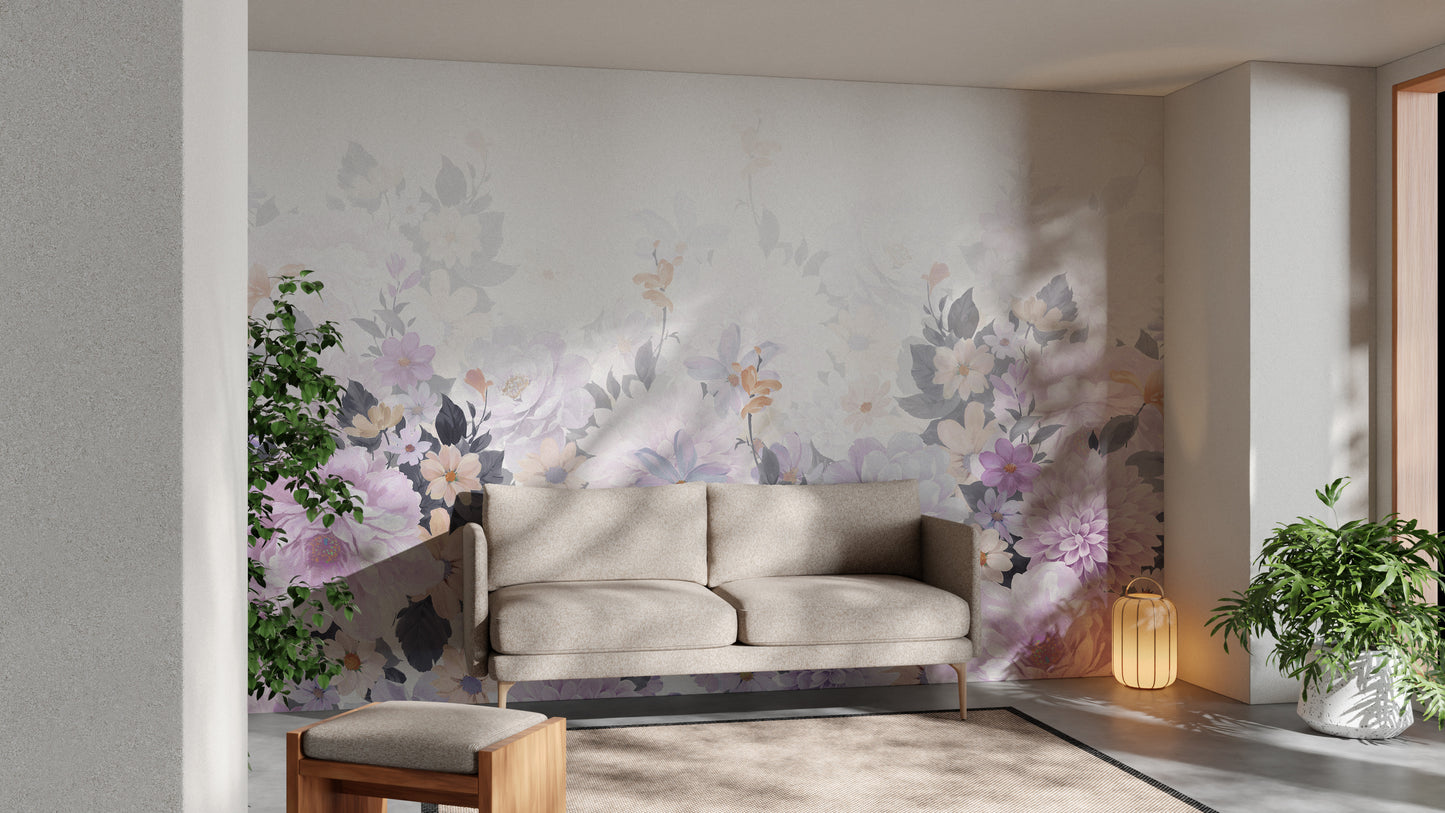 Artistic watercolor mural featuring blooming purple flowers.
