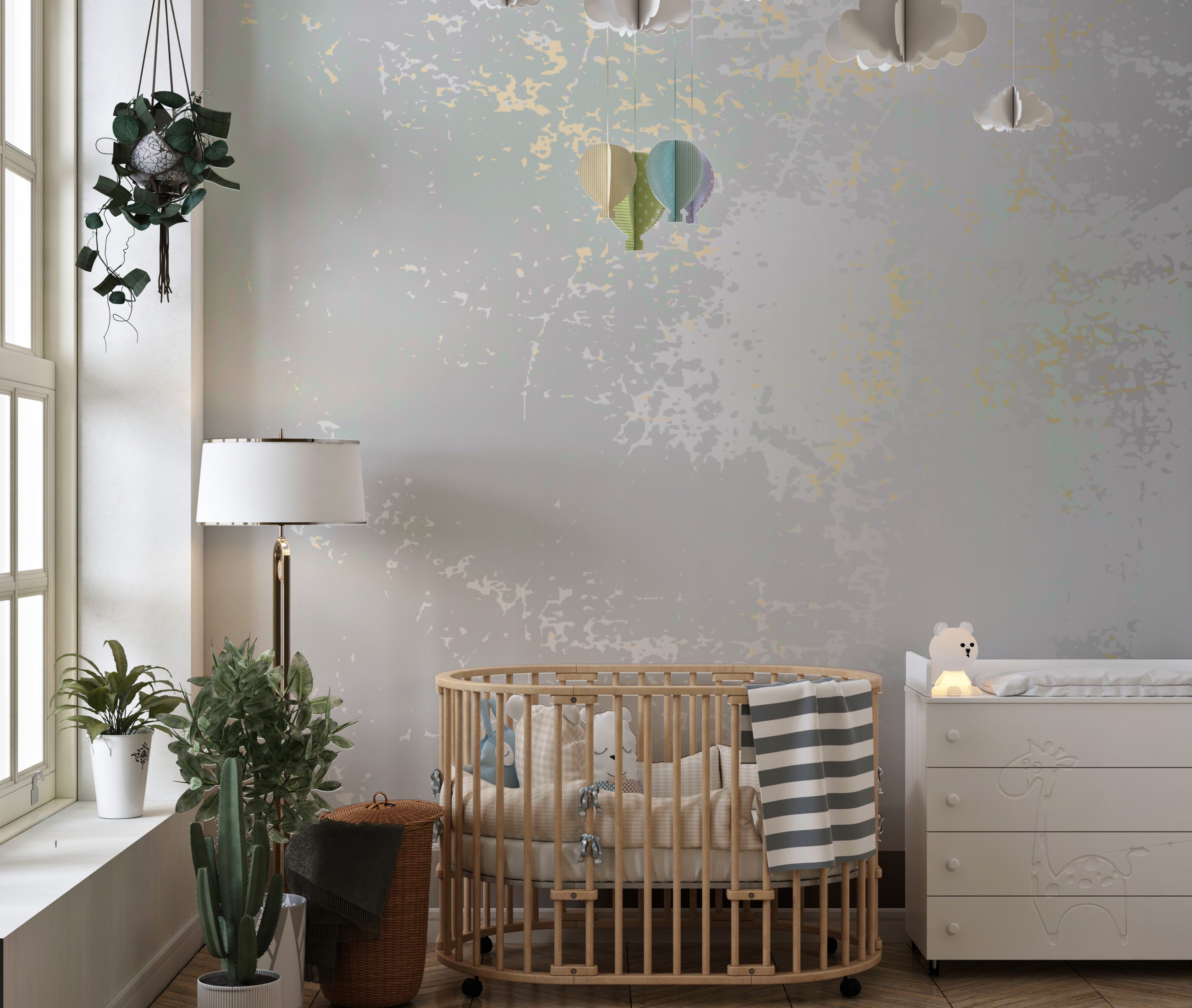 Wall mural showcasing soft gray tones and misty pastel accents.
