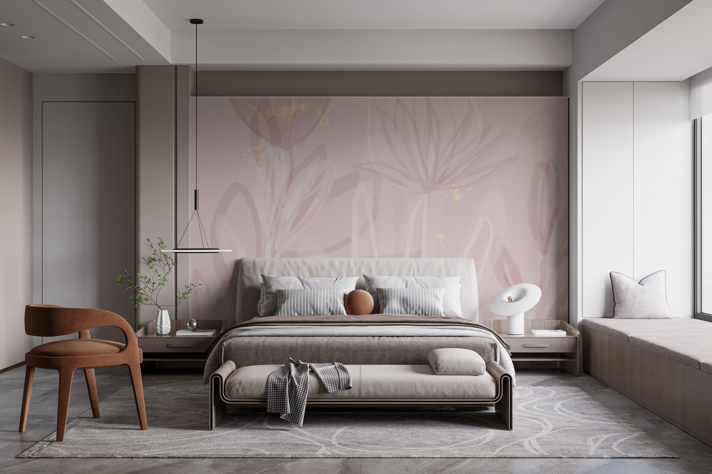 Artistic blush floral mural adding charm to modern wall decor.
