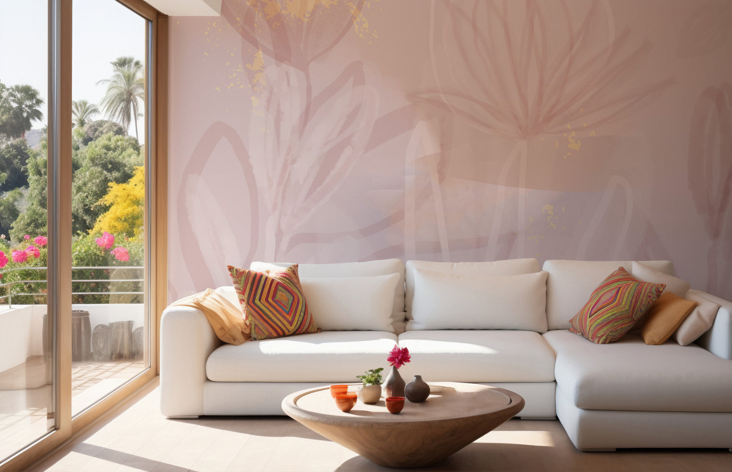 Blush floral wallpaper mural showcasing blooming petals design.
