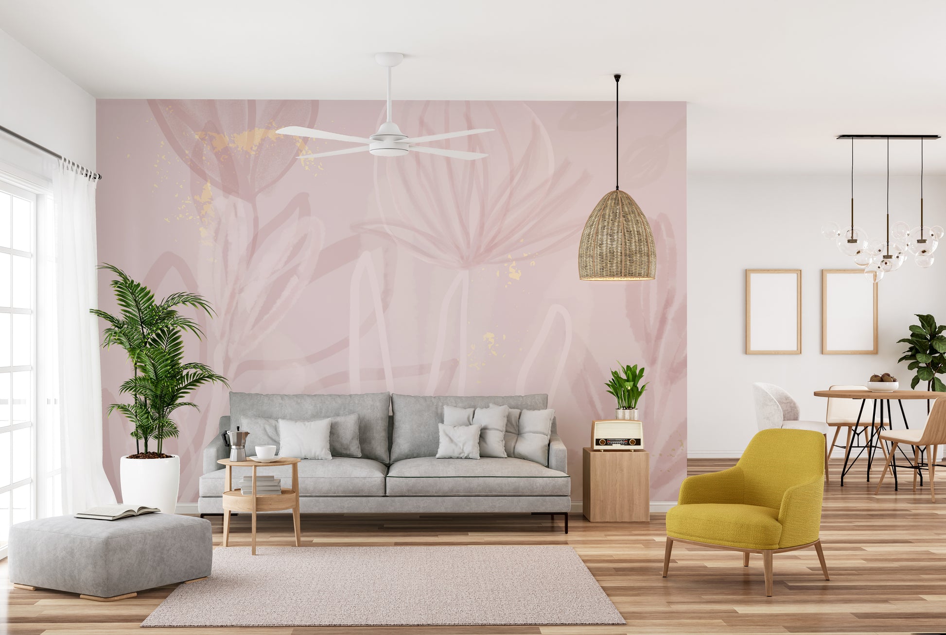 Artistic mural featuring blooming blush petals for serene walls.
